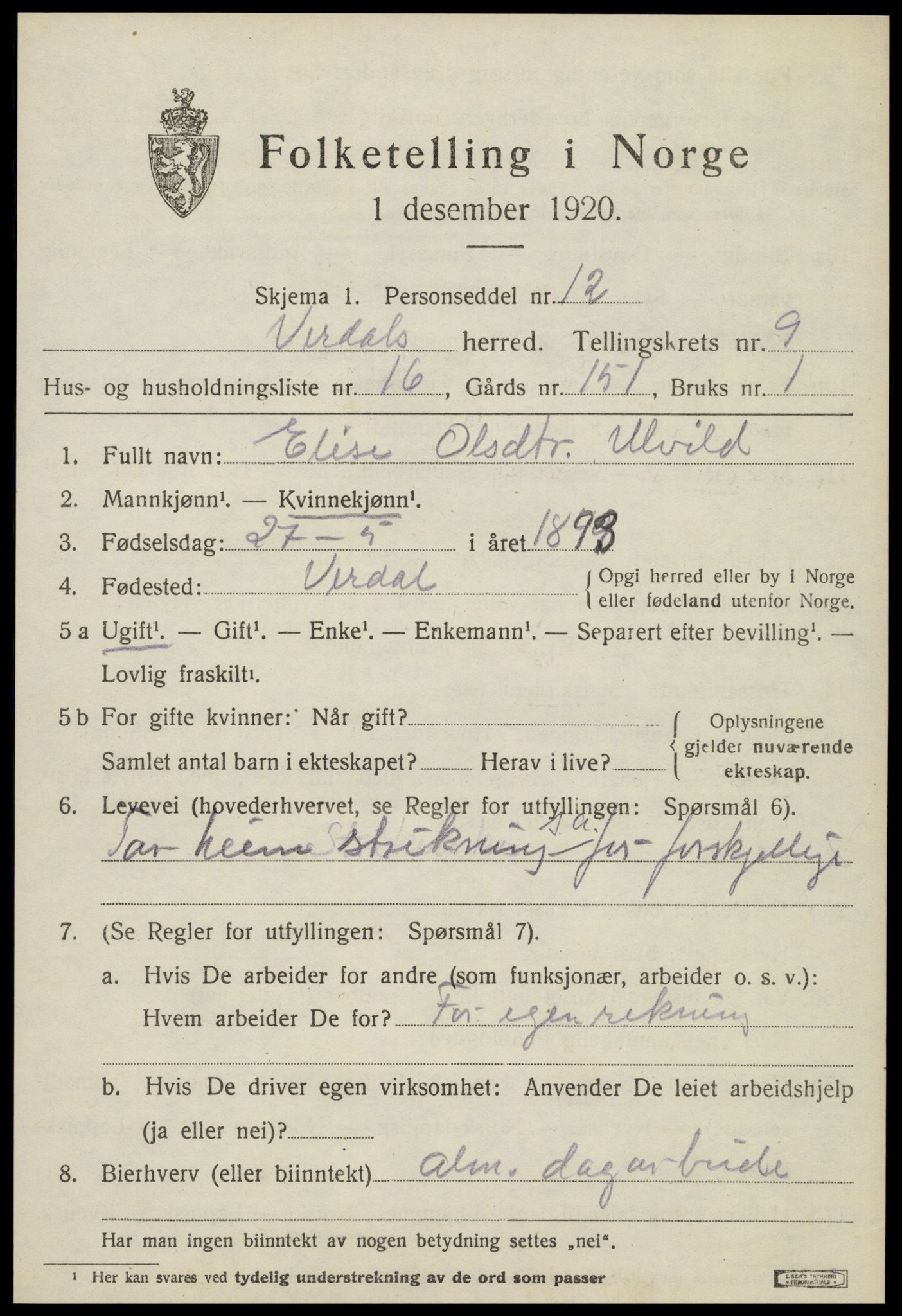 SAT, 1920 census for Verdal, 1920, p. 11589