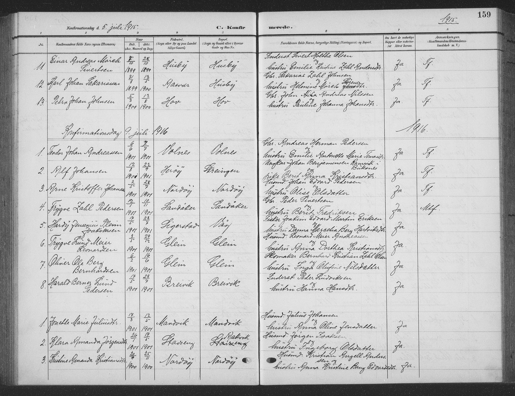 Ministerialprotokoller, klokkerbøker og fødselsregistre - Nordland, AV/SAT-A-1459/835/L0533: Parish register (copy) no. 835C05, 1906-1939, p. 159