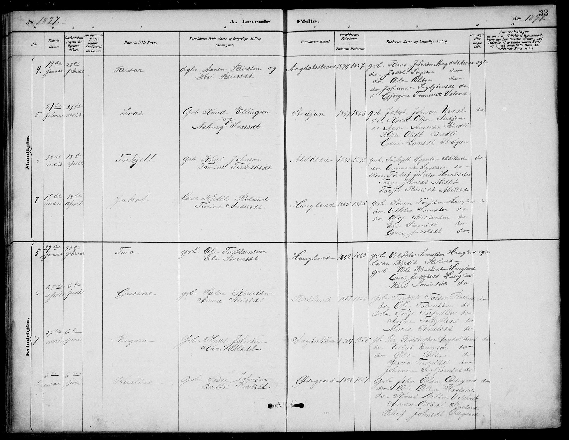 Bjelland sokneprestkontor, AV/SAK-1111-0005/F/Fb/Fba/L0005: Parish register (copy) no. B 5, 1887-1923, p. 33
