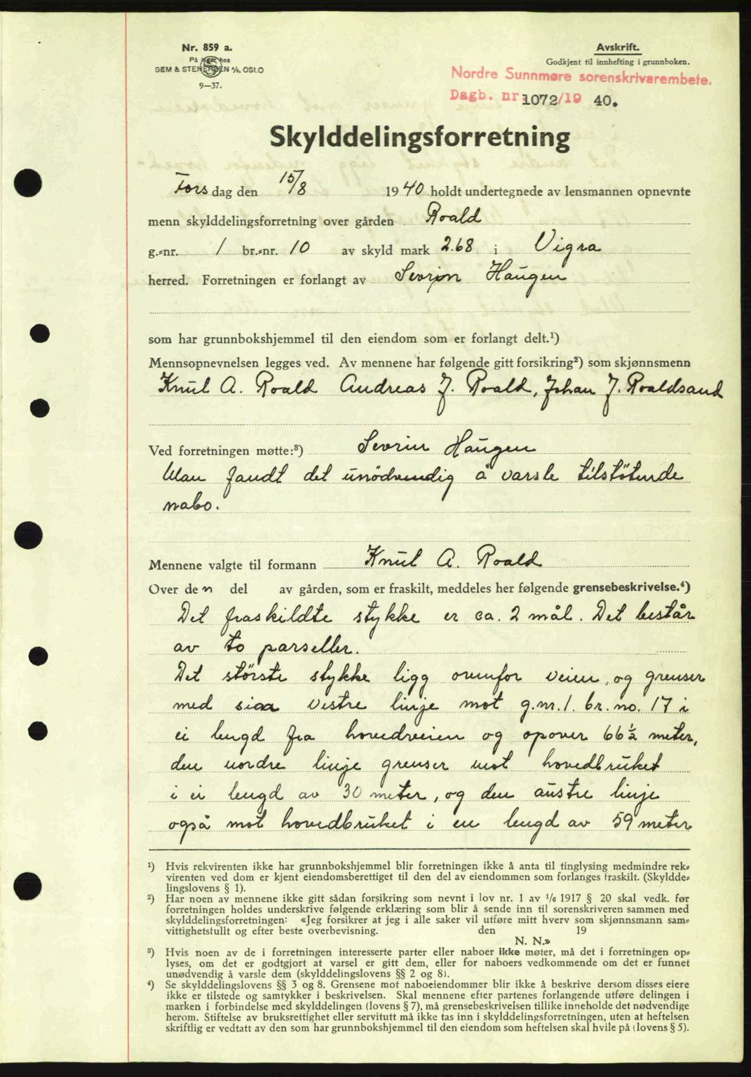 Nordre Sunnmøre sorenskriveri, AV/SAT-A-0006/1/2/2C/2Ca: Mortgage book no. A9, 1940-1940, Diary no: : 1072/1940