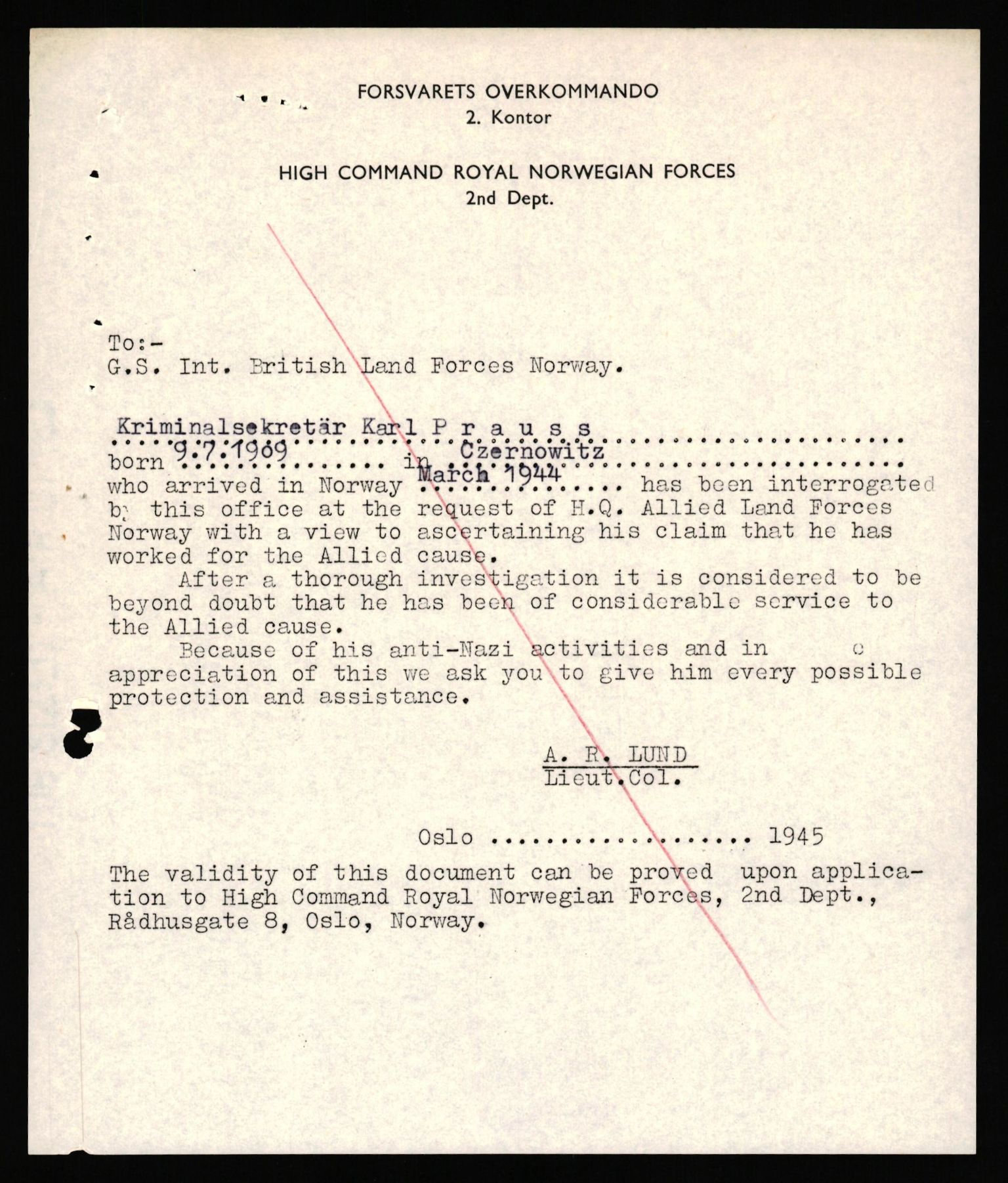 Forsvaret, Forsvarets overkommando II, AV/RA-RAFA-3915/D/Db/L0040: CI Questionaires. Tyske okkupasjonsstyrker i Norge. Østerrikere., 1945-1946, p. 84