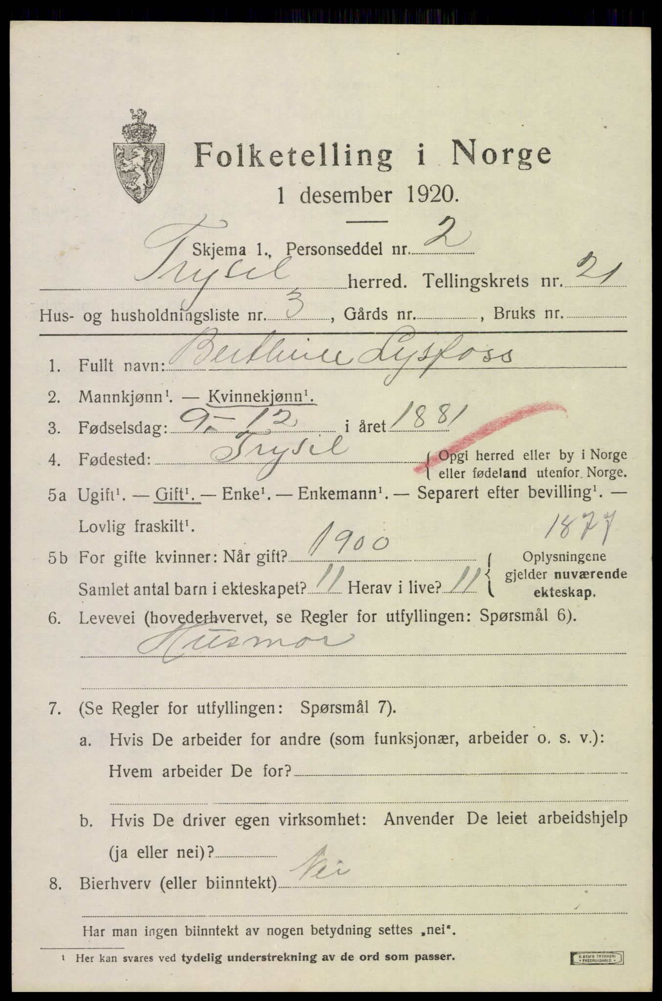 SAH, 1920 census for Trysil, 1920, p. 13772