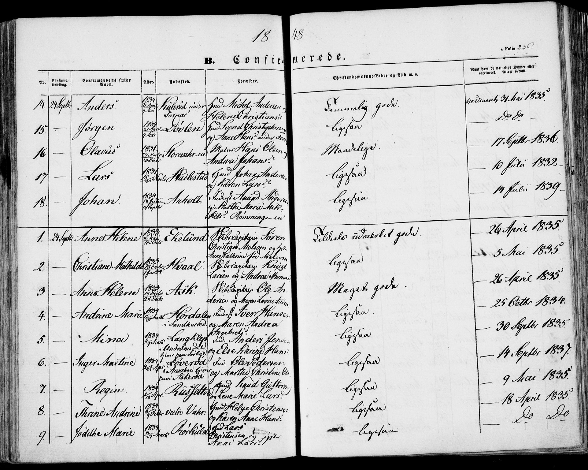 Stokke kirkebøker, AV/SAKO-A-320/F/Fa/L0007: Parish register (official) no. I 7, 1844-1857, p. 236