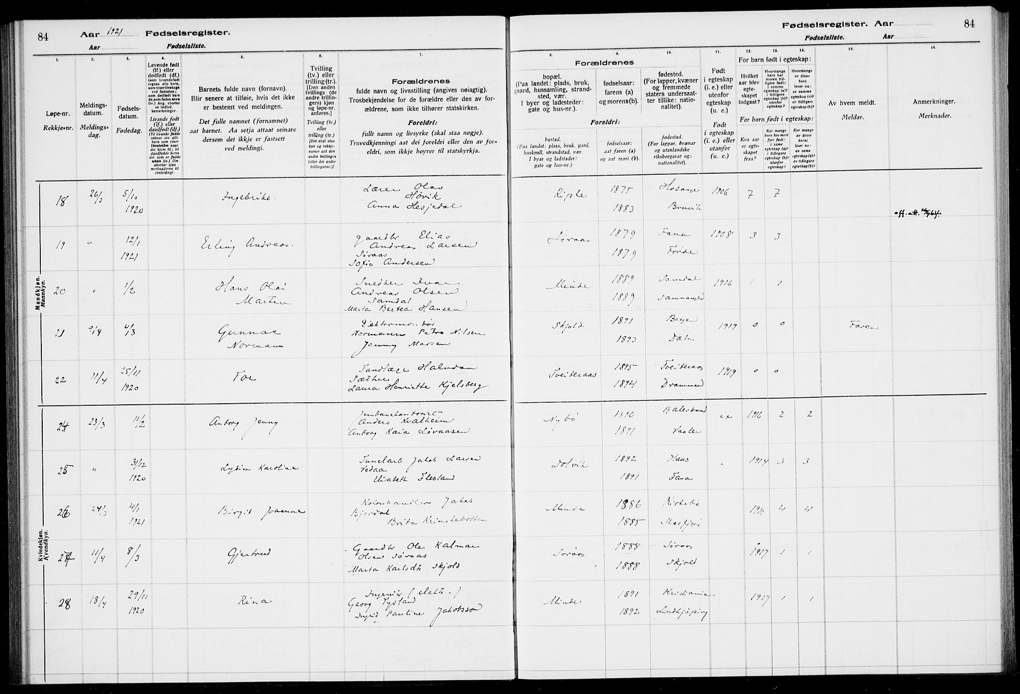 Birkeland Sokneprestembete, AV/SAB-A-74601/I/Id/L00A1: Birth register no. A 1, 1916-1926, p. 84