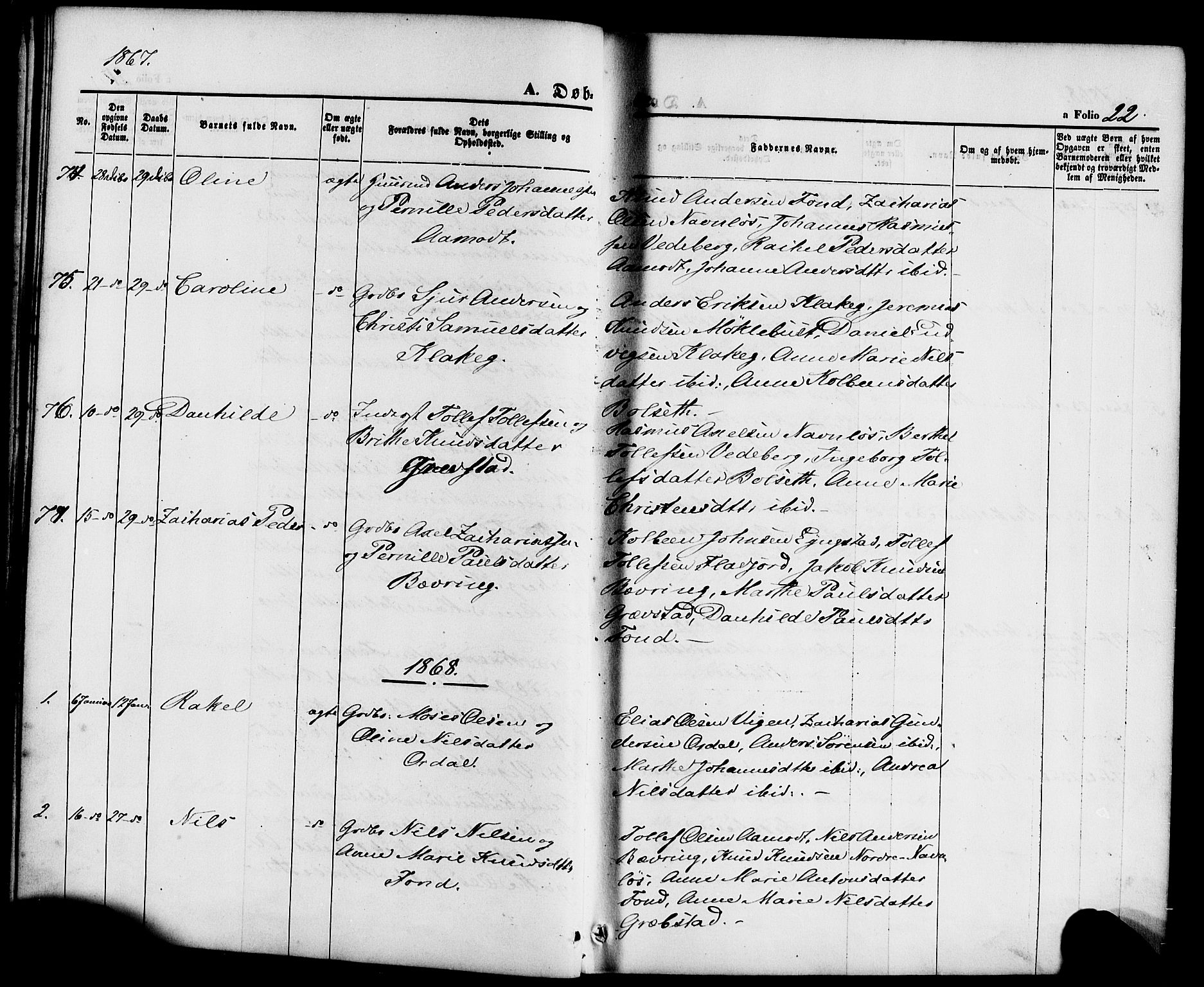 Jølster sokneprestembete, SAB/A-80701/H/Haa/Haaa/L0011: Parish register (official) no. A 11, 1866-1881, p. 22