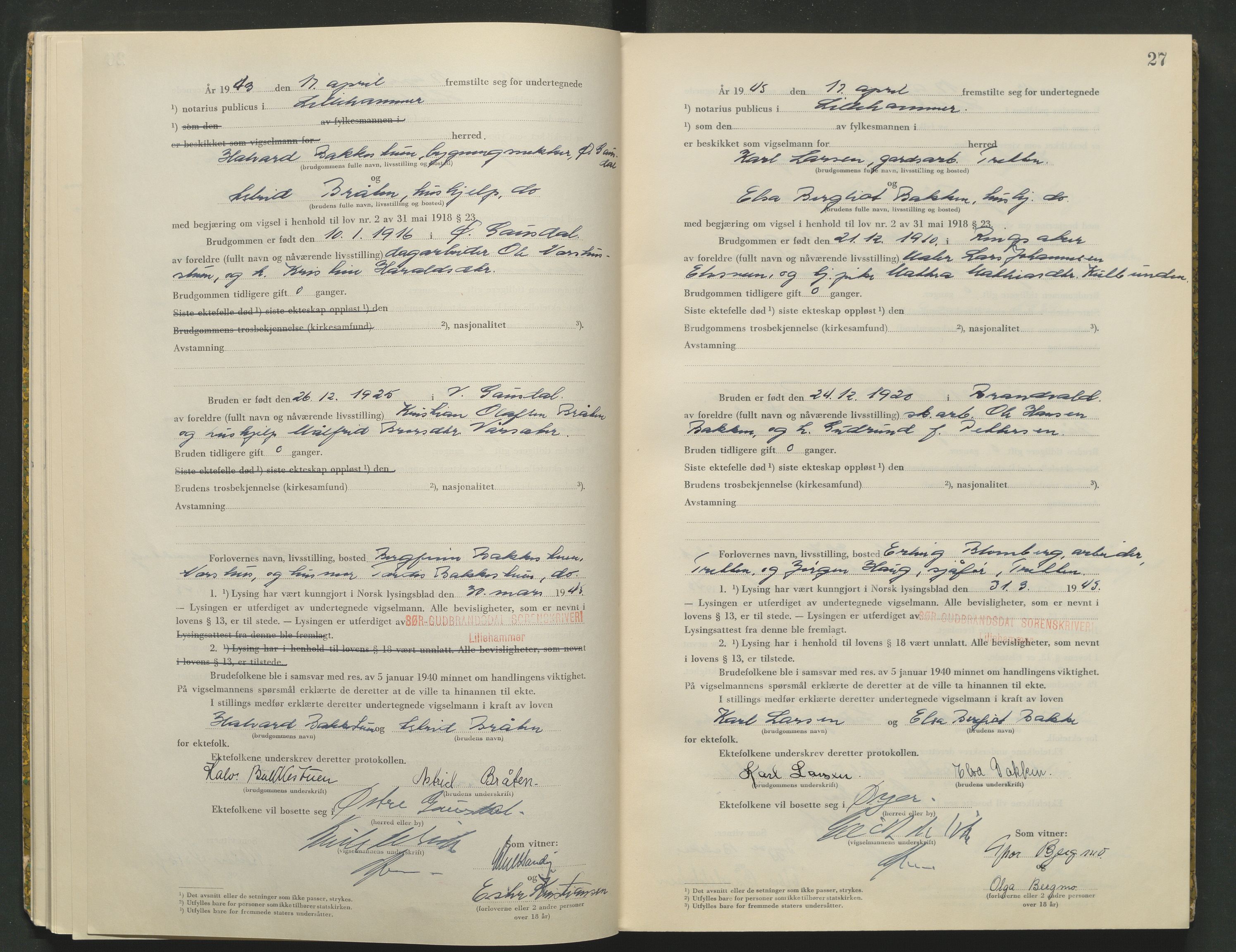 Sør-Gudbrandsdal tingrett, AV/SAH-TING-004/L/Lc/L0003: Vigselsprotokoll, 1943, p. 27