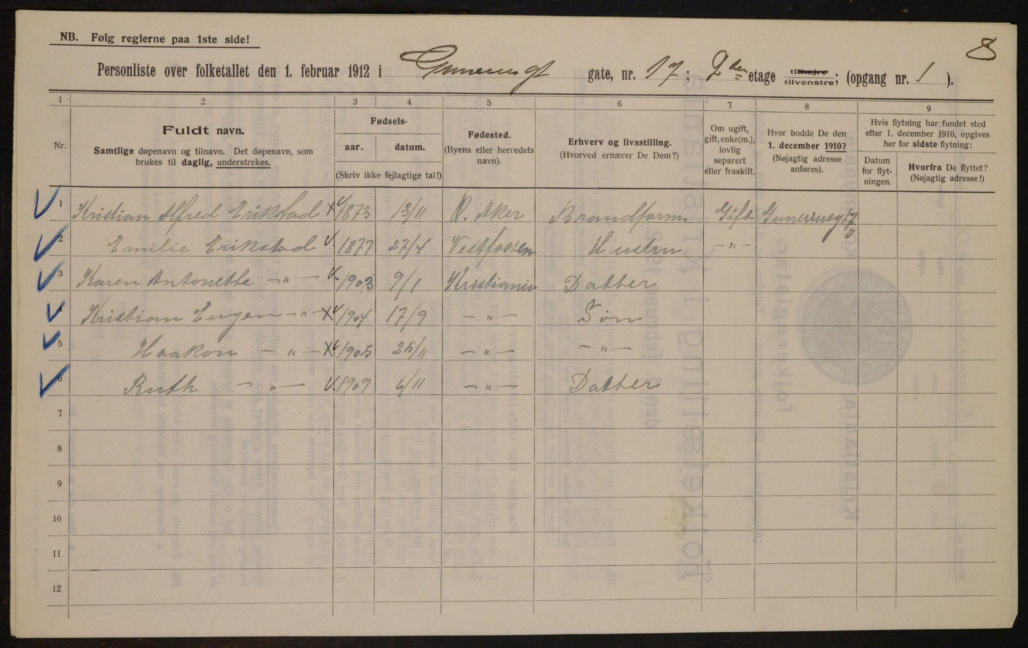 OBA, Municipal Census 1912 for Kristiania, 1912, p. 32440