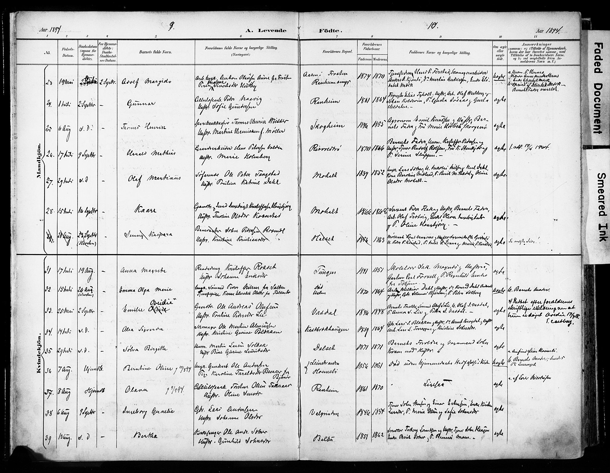 Ministerialprotokoller, klokkerbøker og fødselsregistre - Sør-Trøndelag, SAT/A-1456/606/L0301: Parish register (official) no. 606A16, 1894-1907, p. 9-10