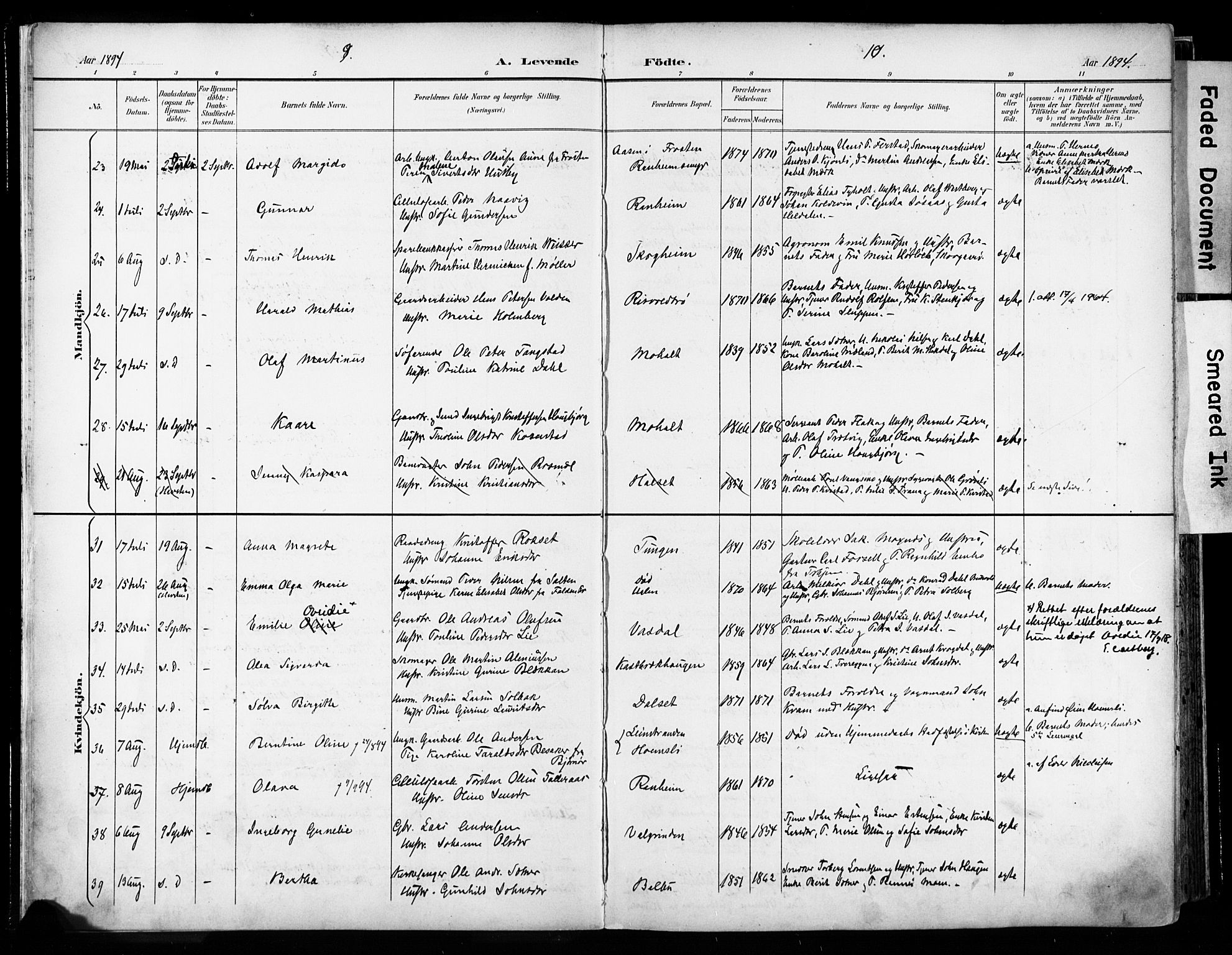 Ministerialprotokoller, klokkerbøker og fødselsregistre - Sør-Trøndelag, AV/SAT-A-1456/606/L0301: Parish register (official) no. 606A16, 1894-1907, p. 9-10