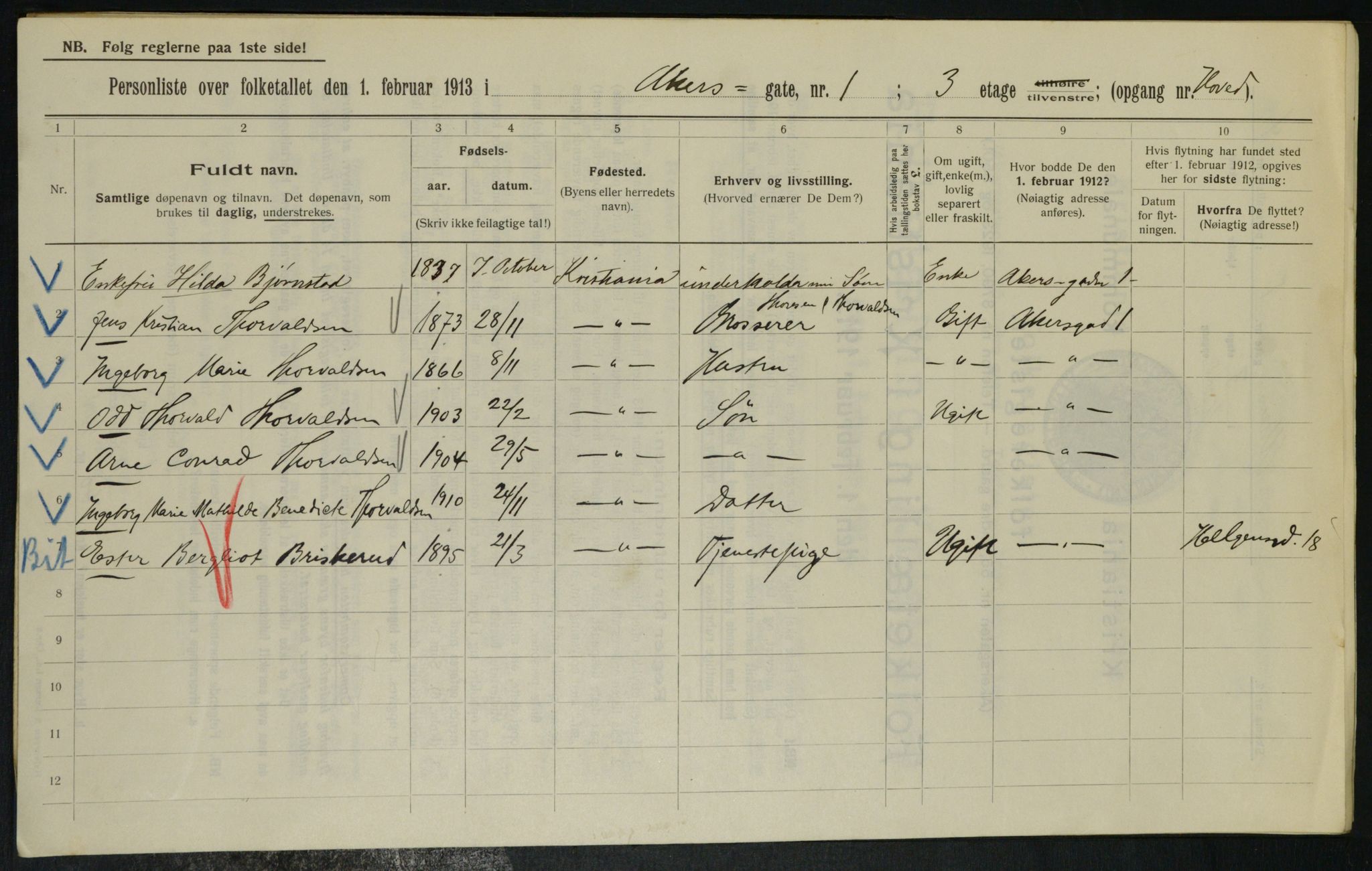 OBA, Municipal Census 1913 for Kristiania, 1913, p. 314