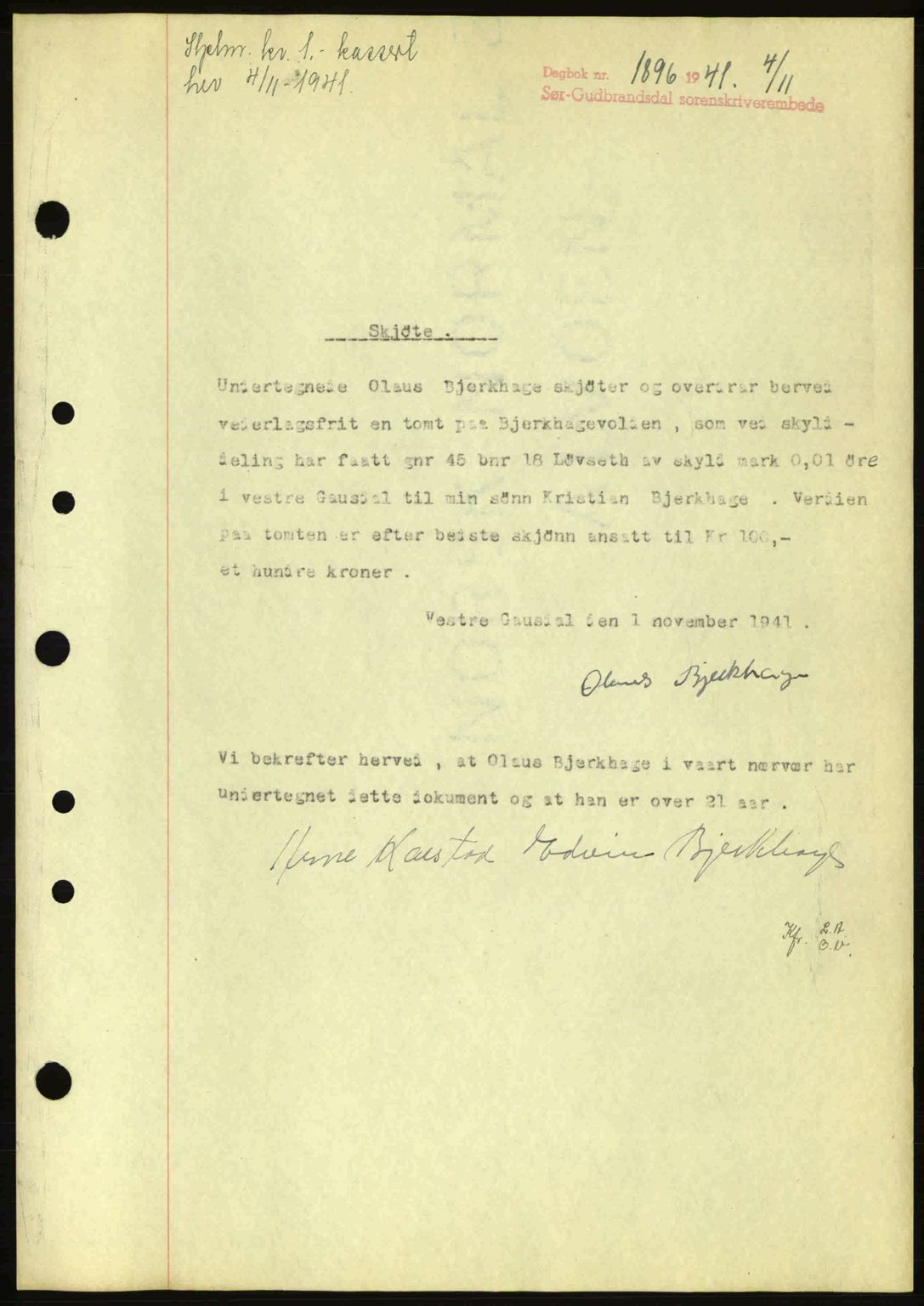 Sør-Gudbrandsdal tingrett, SAH/TING-004/H/Hb/Hbd/L0009: Mortgage book no. A9, 1941-1941, Diary no: : 1896/1941