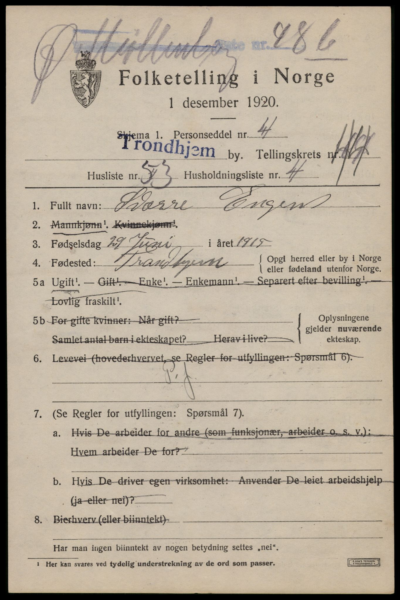 SAT, 1920 census for Trondheim, 1920, p. 96242