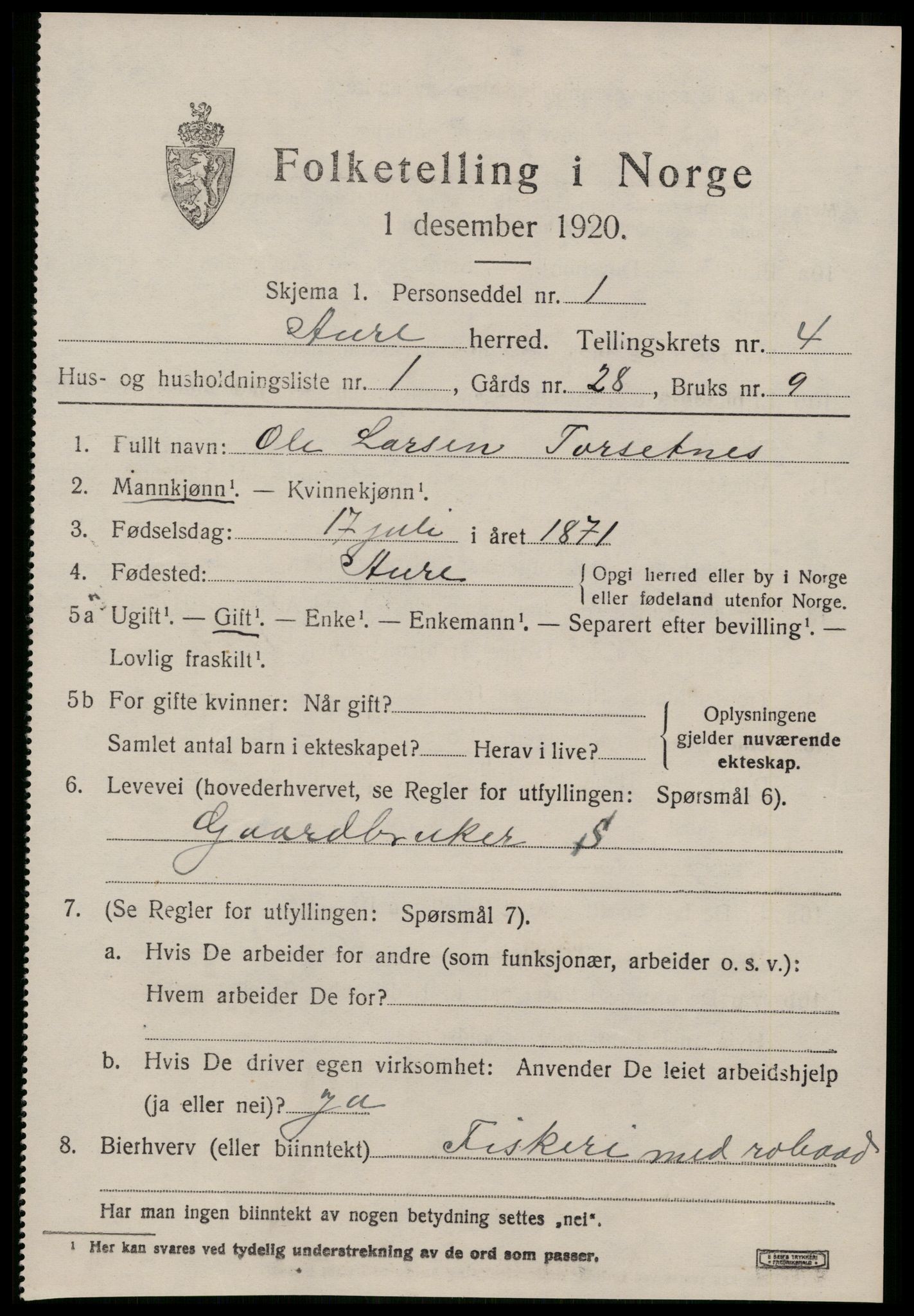 SAT, 1920 census for Aure, 1920, p. 1870