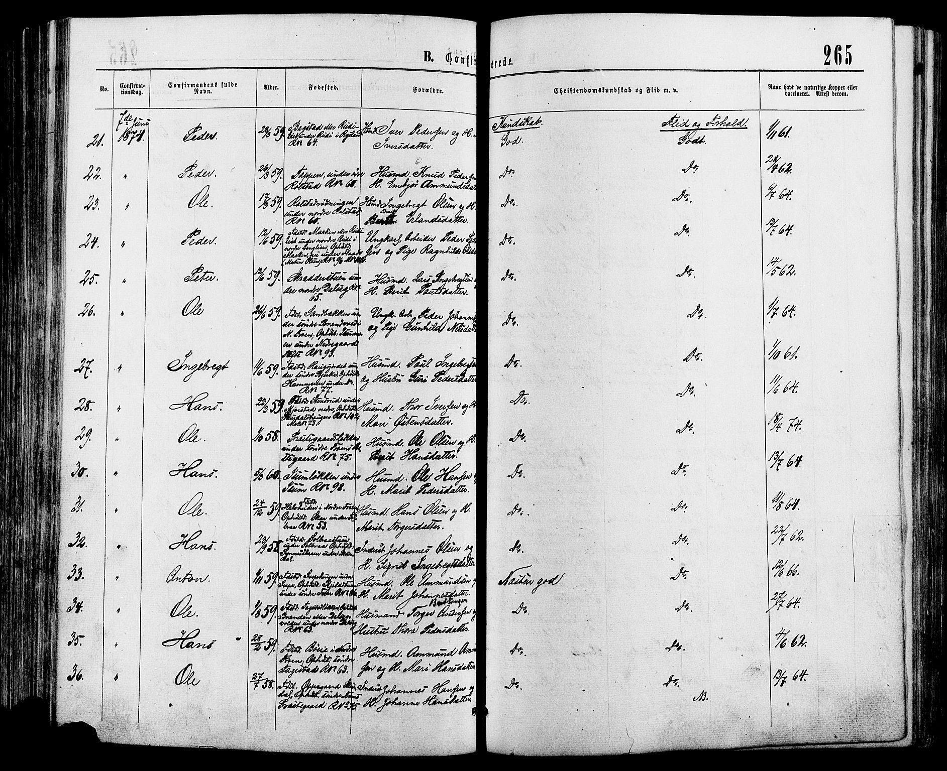 Sør-Fron prestekontor, SAH/PREST-010/H/Ha/Haa/L0002: Parish register (official) no. 2, 1864-1880, p. 265