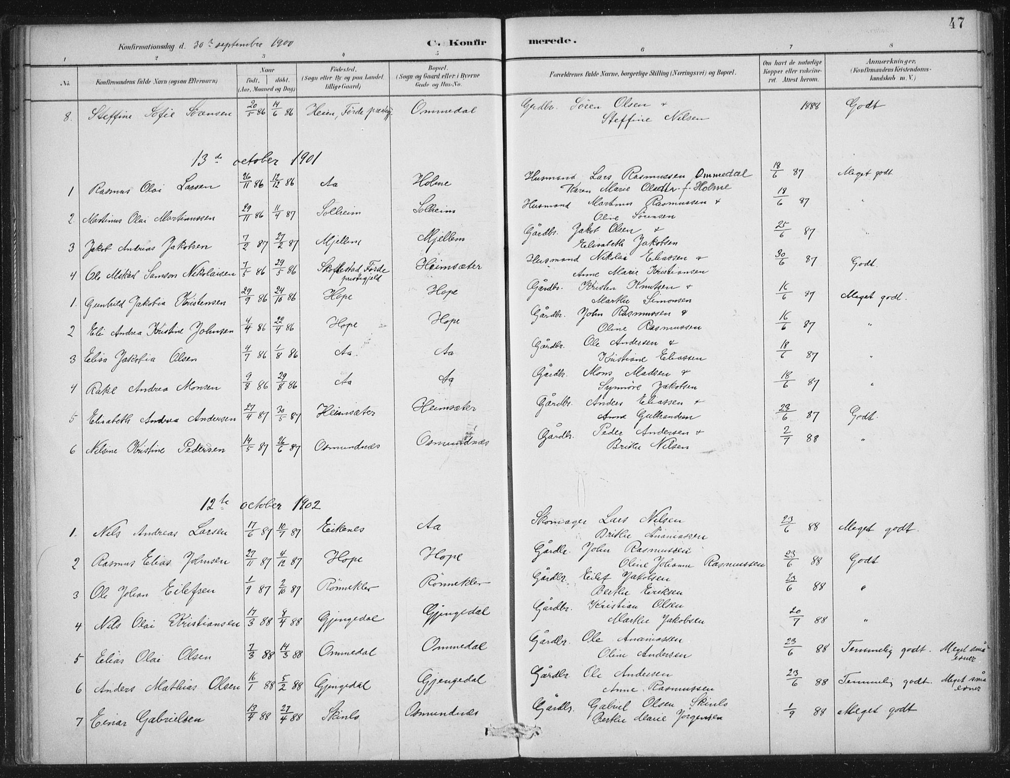 Gloppen sokneprestembete, SAB/A-80101/H/Haa/Haae/L0001: Parish register (official) no. E  1, 1885-1904, p. 47