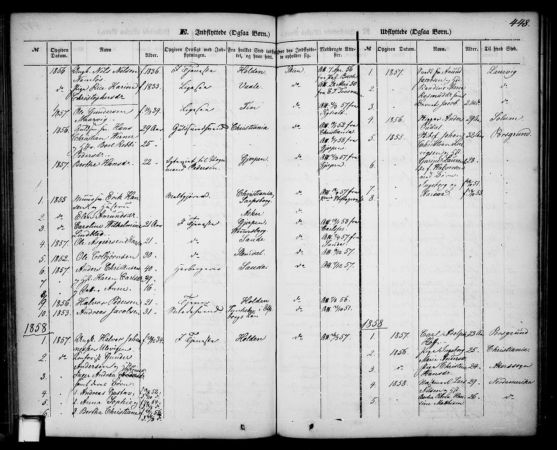 Skien kirkebøker, SAKO/A-302/G/Ga/L0004: Parish register (copy) no. 4, 1843-1867, p. 448