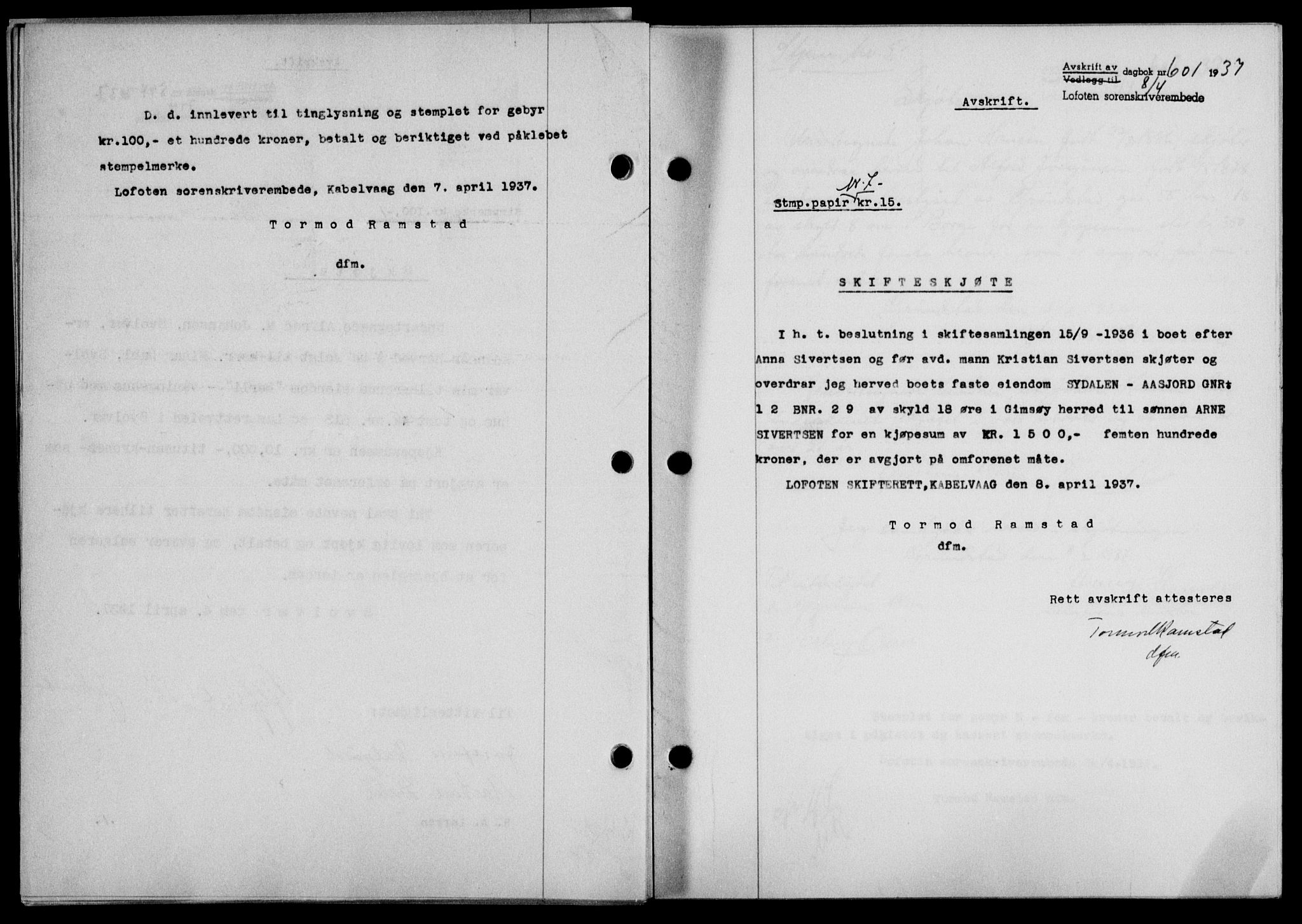 Lofoten sorenskriveri, SAT/A-0017/1/2/2C/L0002a: Mortgage book no. 2a, 1937-1937, Diary no: : 601/1937