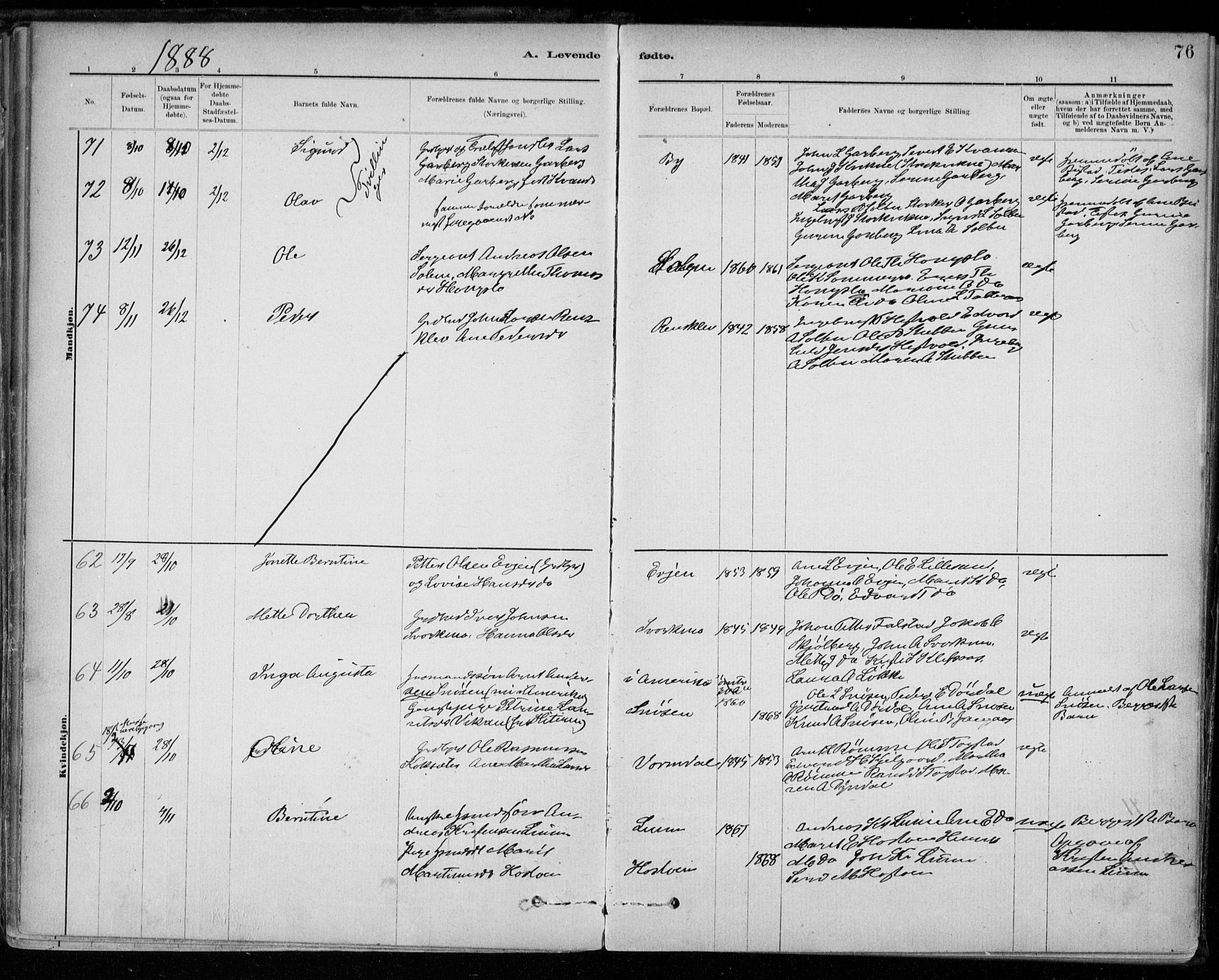 Ministerialprotokoller, klokkerbøker og fødselsregistre - Sør-Trøndelag, AV/SAT-A-1456/668/L0809: Parish register (official) no. 668A09, 1881-1895, p. 76
