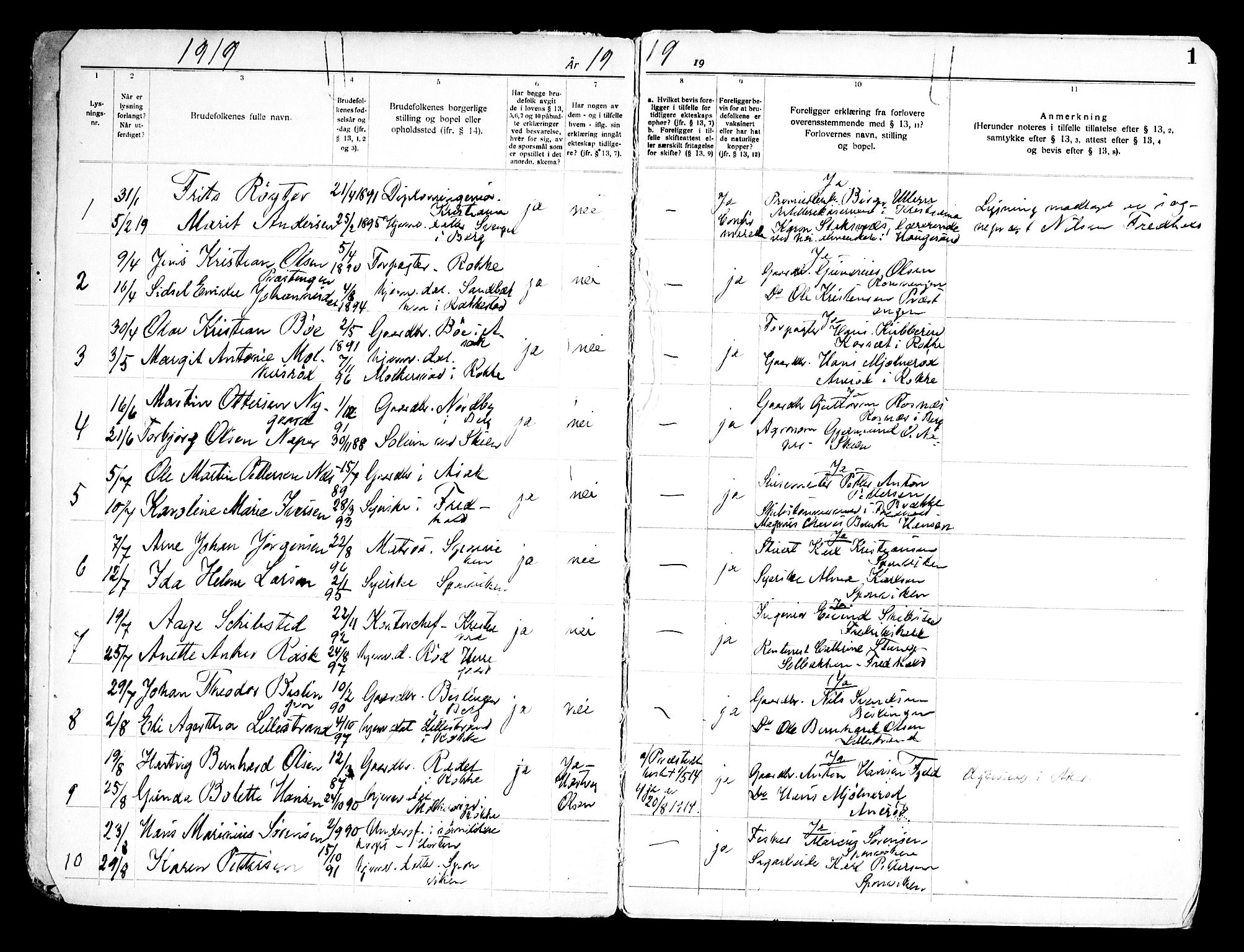 Berg prestekontor Kirkebøker, AV/SAO-A-10902/H/Ha/L0002: Banns register no. I 2, 1919-1966, p. 1