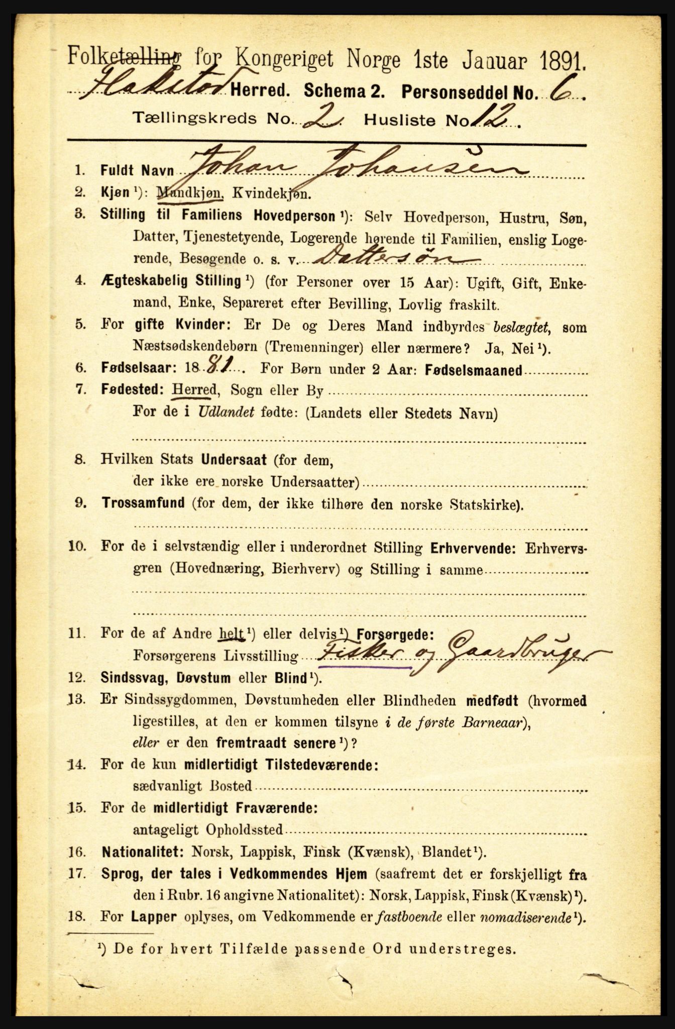 RA, 1891 census for 1859 Flakstad, 1891, p. 710