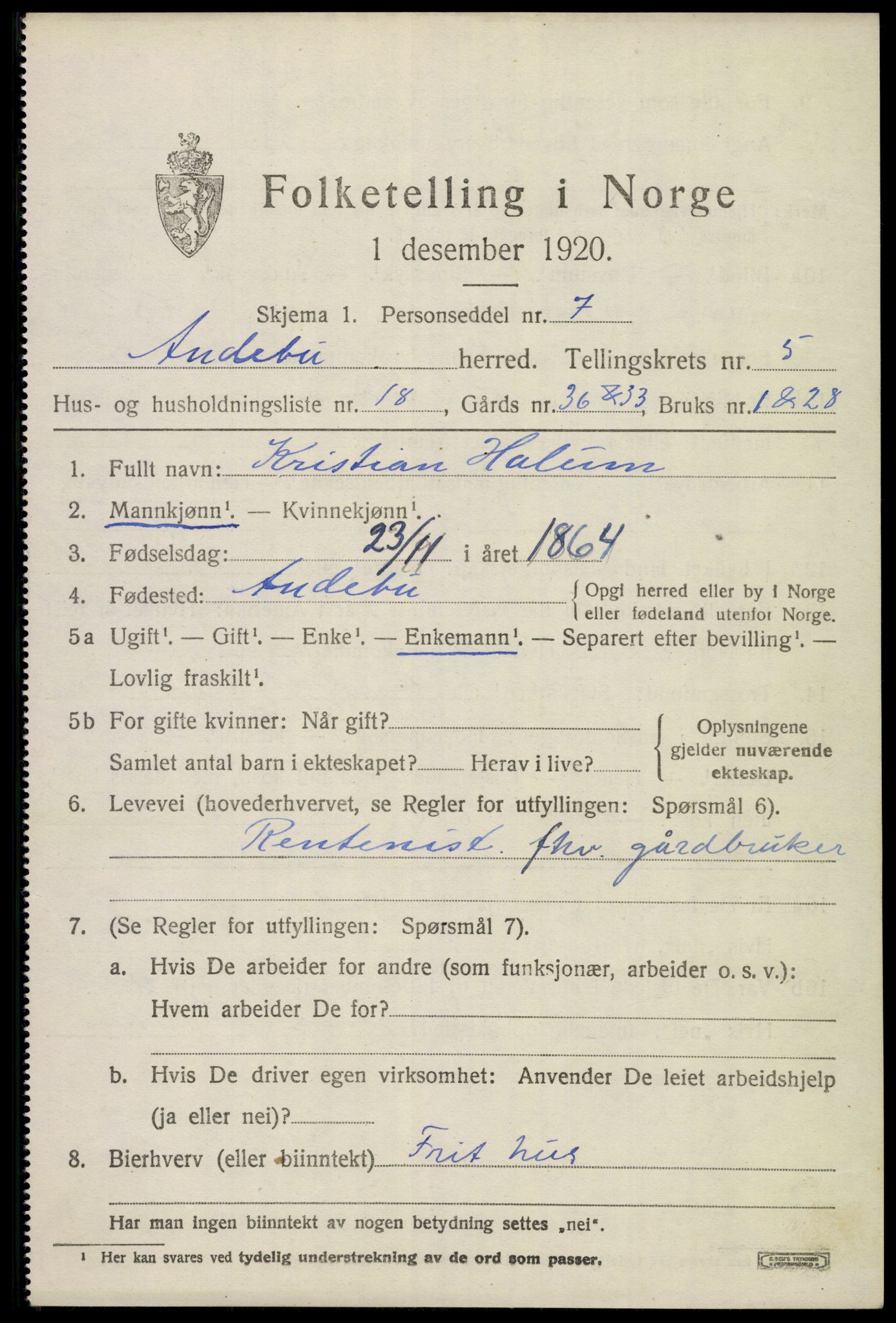 SAKO, 1920 census for Andebu, 1920, p. 2804