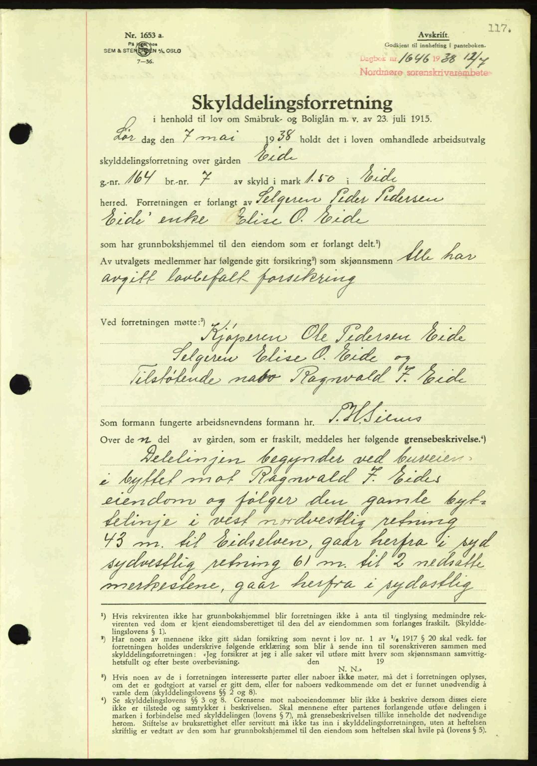 Nordmøre sorenskriveri, AV/SAT-A-4132/1/2/2Ca: Mortgage book no. A84, 1938-1938, Diary no: : 1646/1938