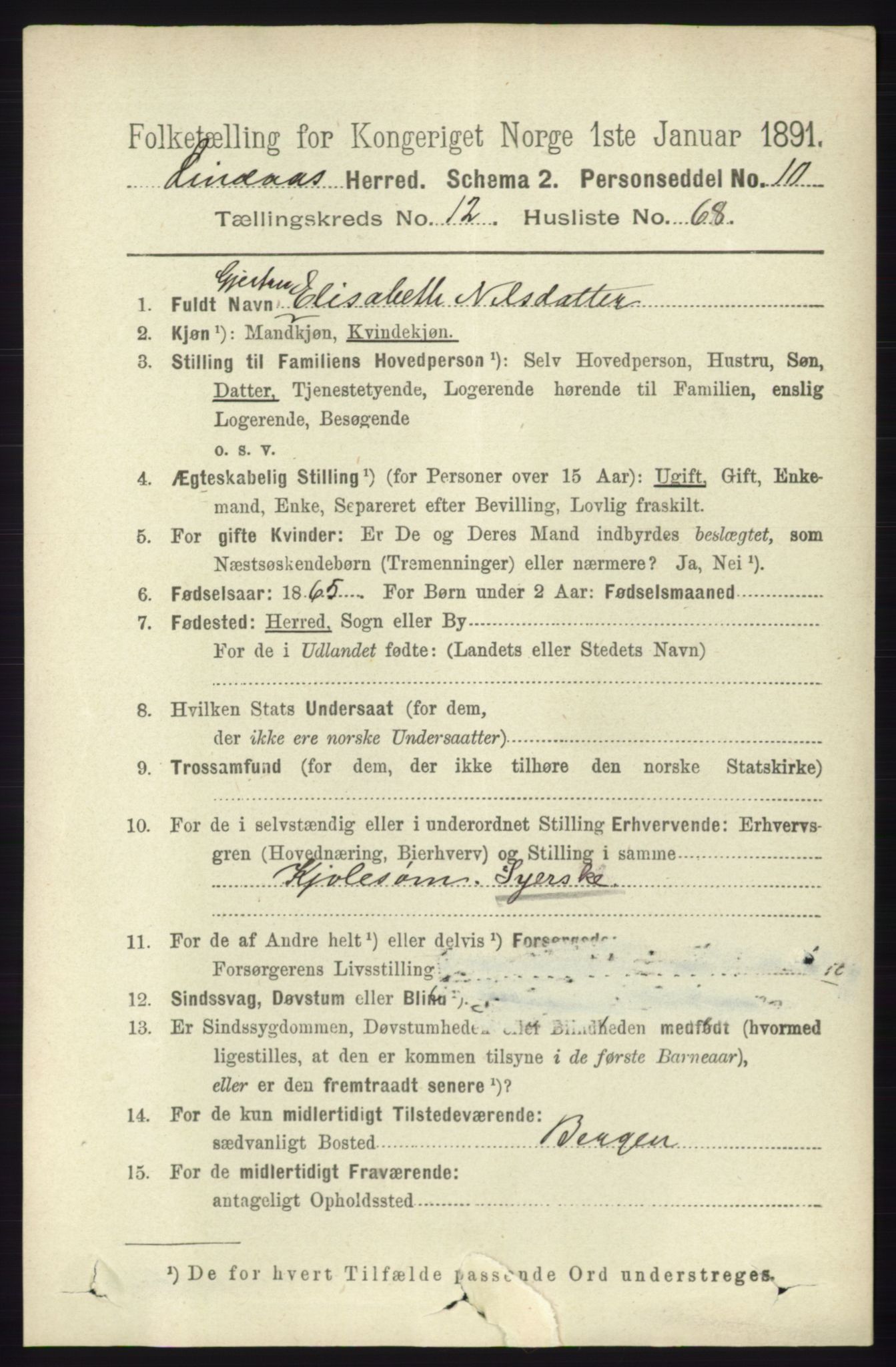 RA, 1891 census for 1263 Lindås, 1891, p. 4493