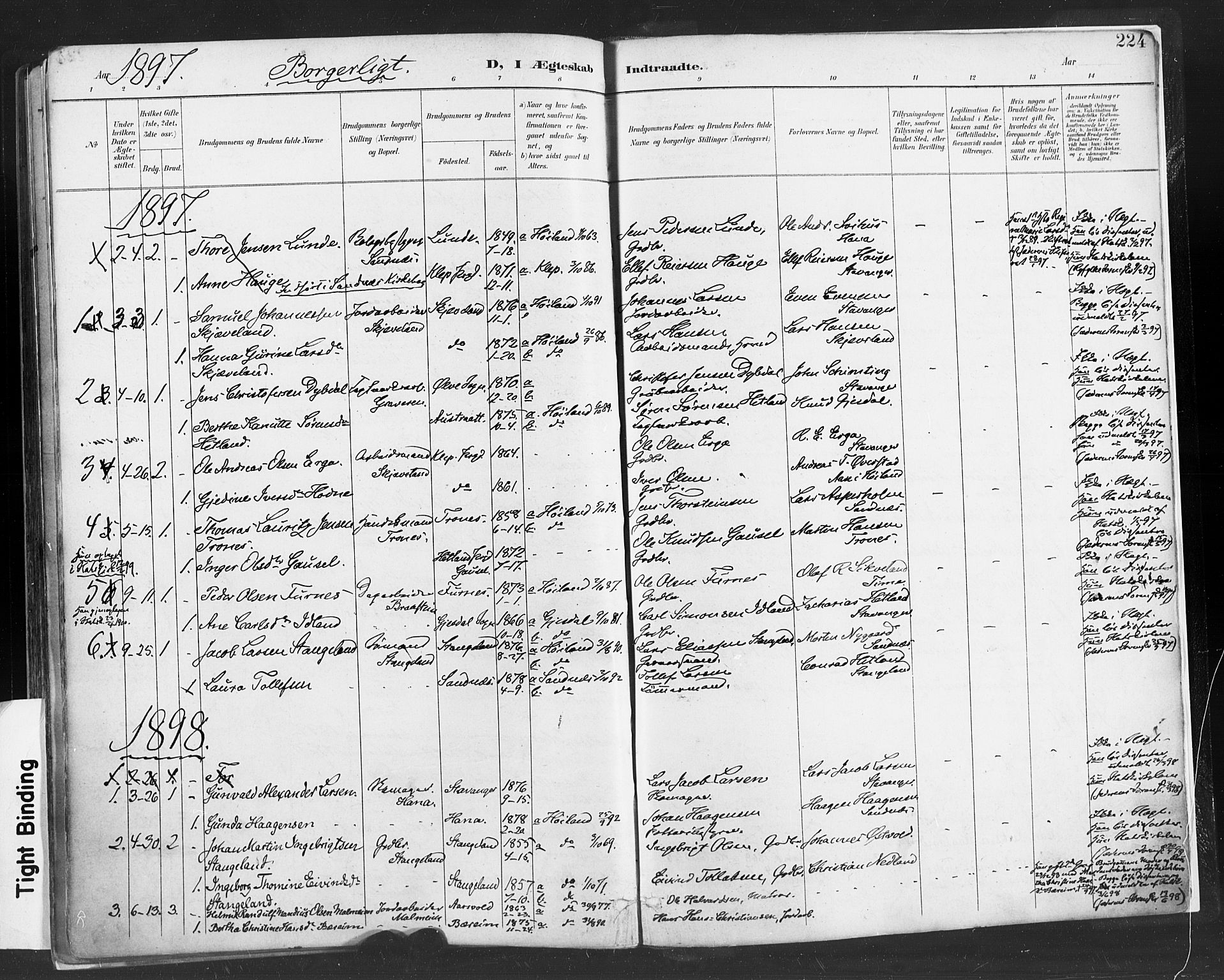 Høyland sokneprestkontor, SAST/A-101799/001/30BA/L0013: Parish register (official) no. A 13.1, 1889-1898, p. 224