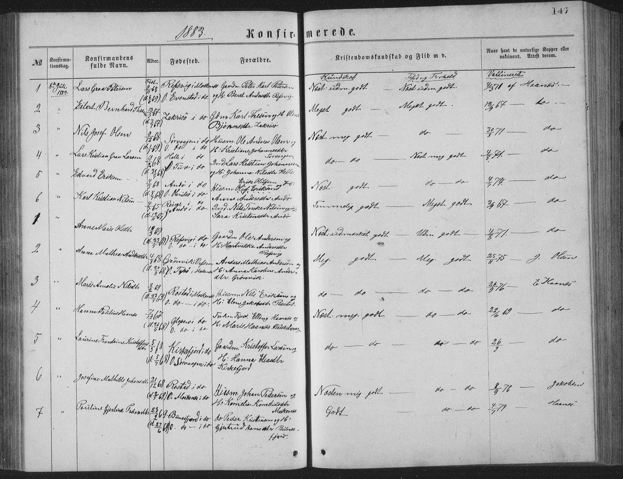 Ministerialprotokoller, klokkerbøker og fødselsregistre - Nordland, AV/SAT-A-1459/886/L1225: Parish register (copy) no. 886C02, 1874-1896, p. 147