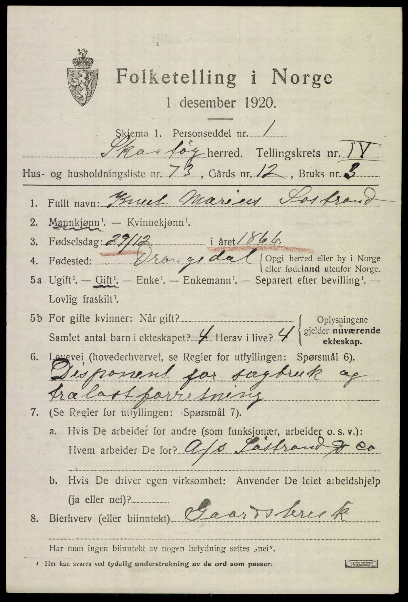 SAKO, 1920 census for Skåtøy, 1920, p. 3912