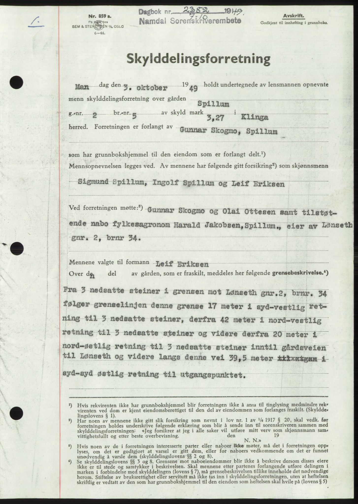 Namdal sorenskriveri, AV/SAT-A-4133/1/2/2C: Mortgage book no. -, 1949-1949, Diary no: : 2382/1949