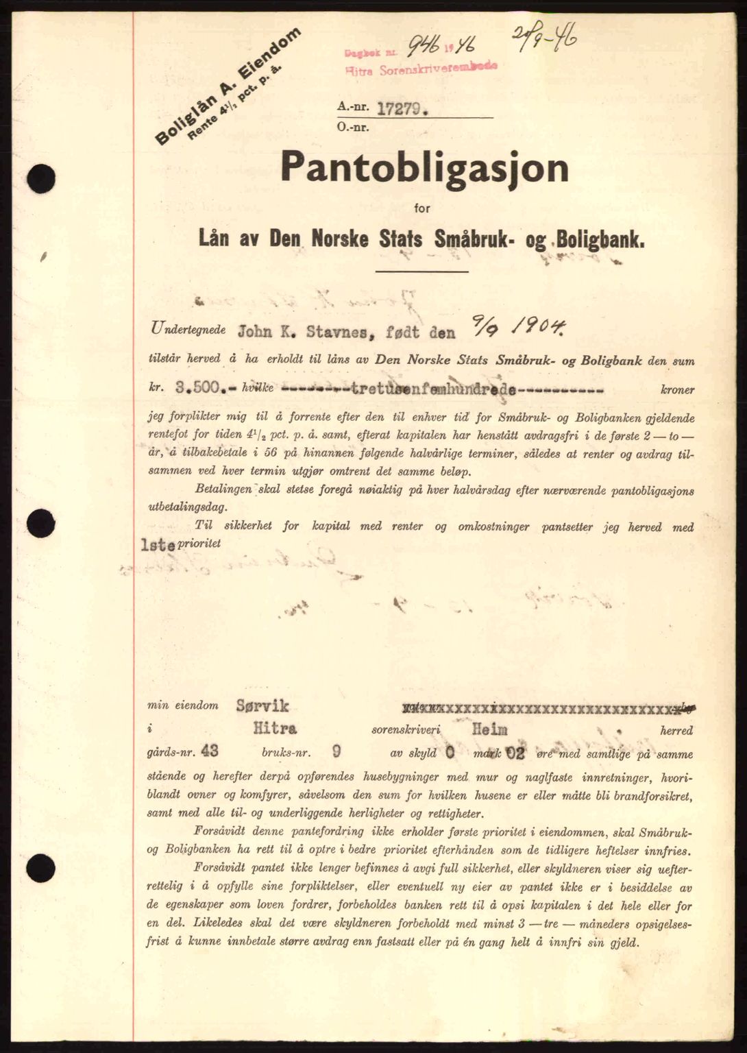 Hitra sorenskriveri, AV/SAT-A-0018/2/2C/2Ca: Mortgage book no. B1, 1939-1949, Diary no: : 946/1946