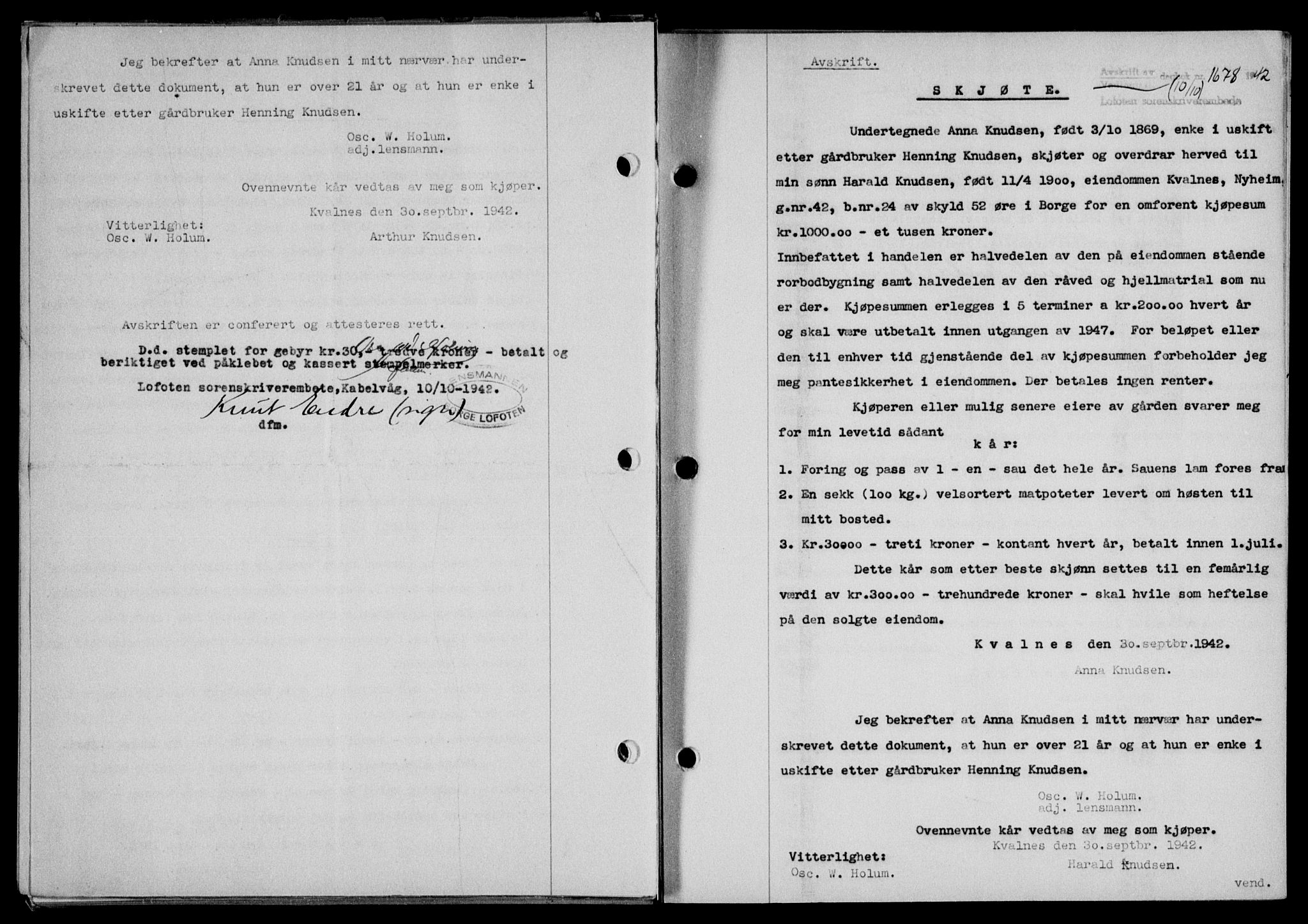 Lofoten sorenskriveri, SAT/A-0017/1/2/2C/L0010a: Mortgage book no. 10a, 1942-1943, Diary no: : 1678/1942