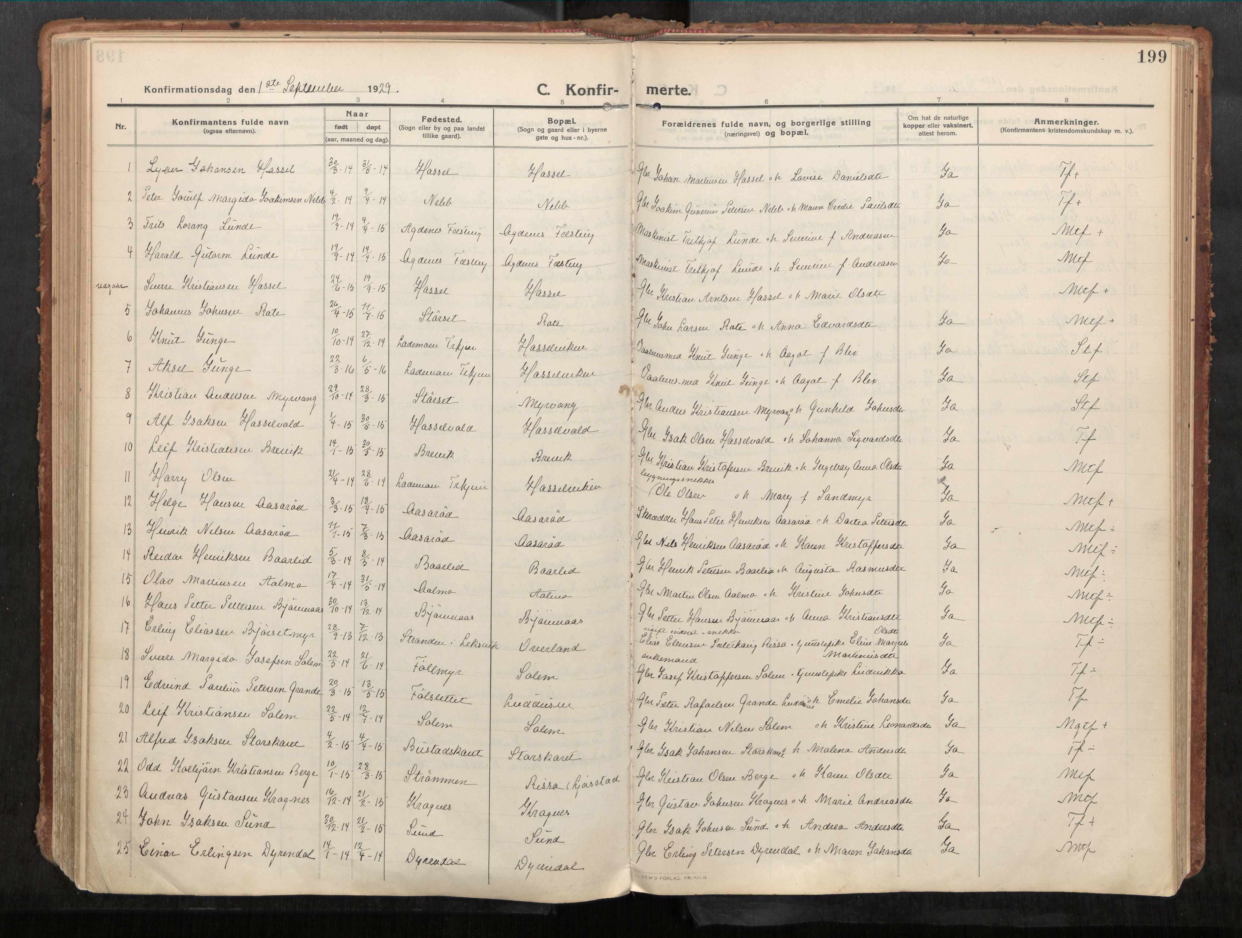 Stadsbygd sokneprestkontor, SAT/A-1117/1/I/I1/I1a/L0001: Parish register (official) no. 1, 1911-1929, p. 199