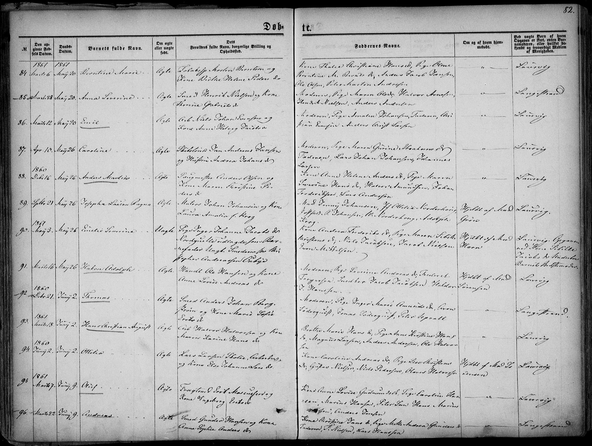 Larvik kirkebøker, AV/SAKO-A-352/F/Fa/L0004: Parish register (official) no. I 4, 1856-1870, p. 82