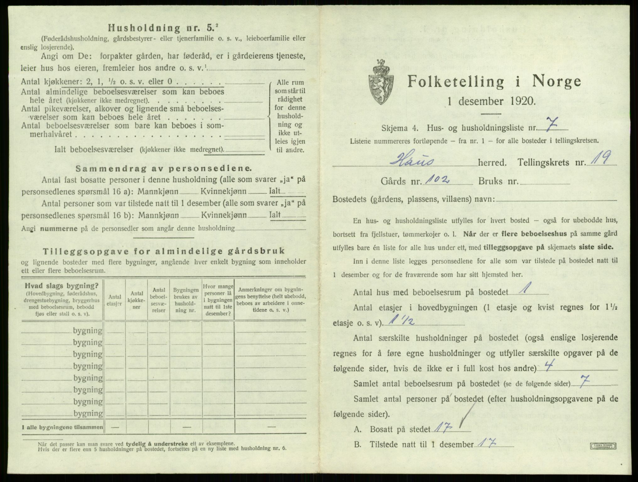 SAB, 1920 census for Haus, 1920, p. 1625