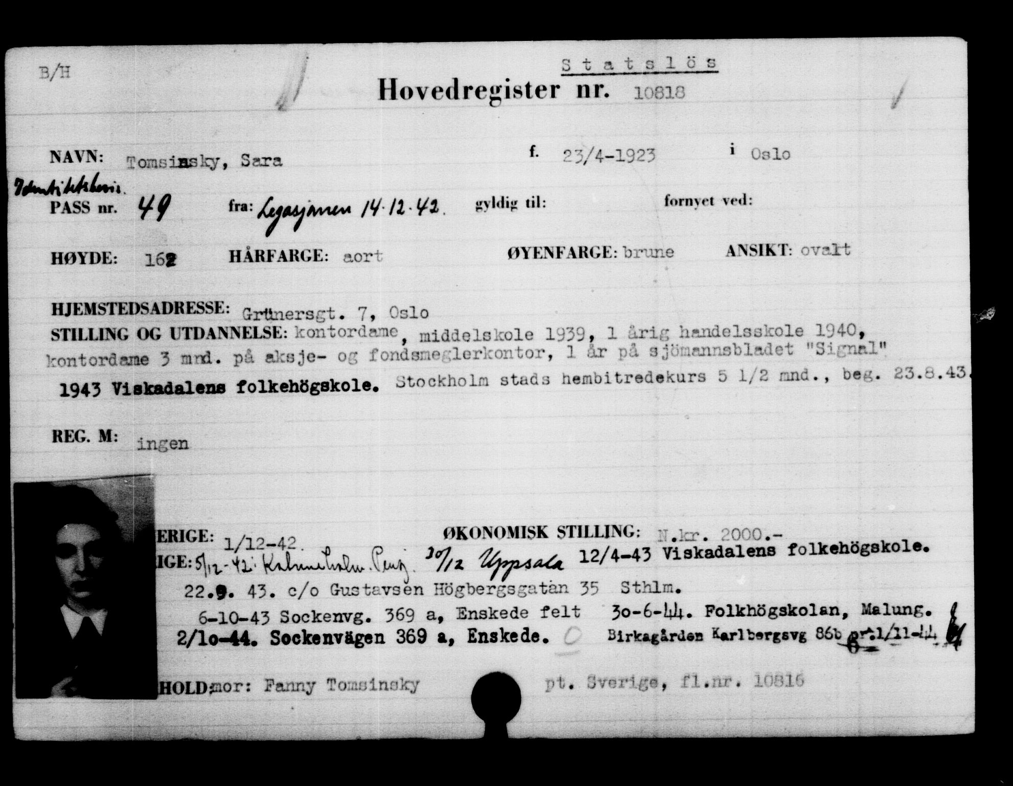 Utenriksstasjonene, Legasjonen i Stockholm, Flyktningkontoret, AV/RA-S-6753/V/Va/L0006: Kjesäterkartoteket, flyktninger med registreringsnr. 9400-12711, 1940-1945, p. 1627