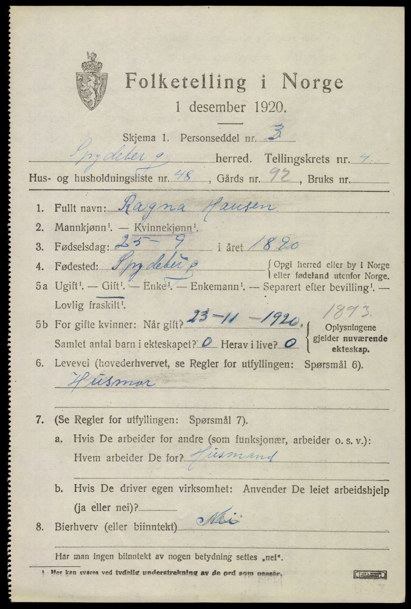 SAO, 1920 census for Spydeberg, 1920, p. 6135