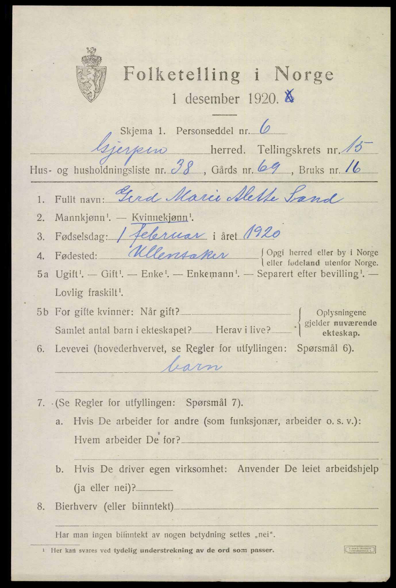 SAKO, 1920 census for Gjerpen, 1920, p. 17706