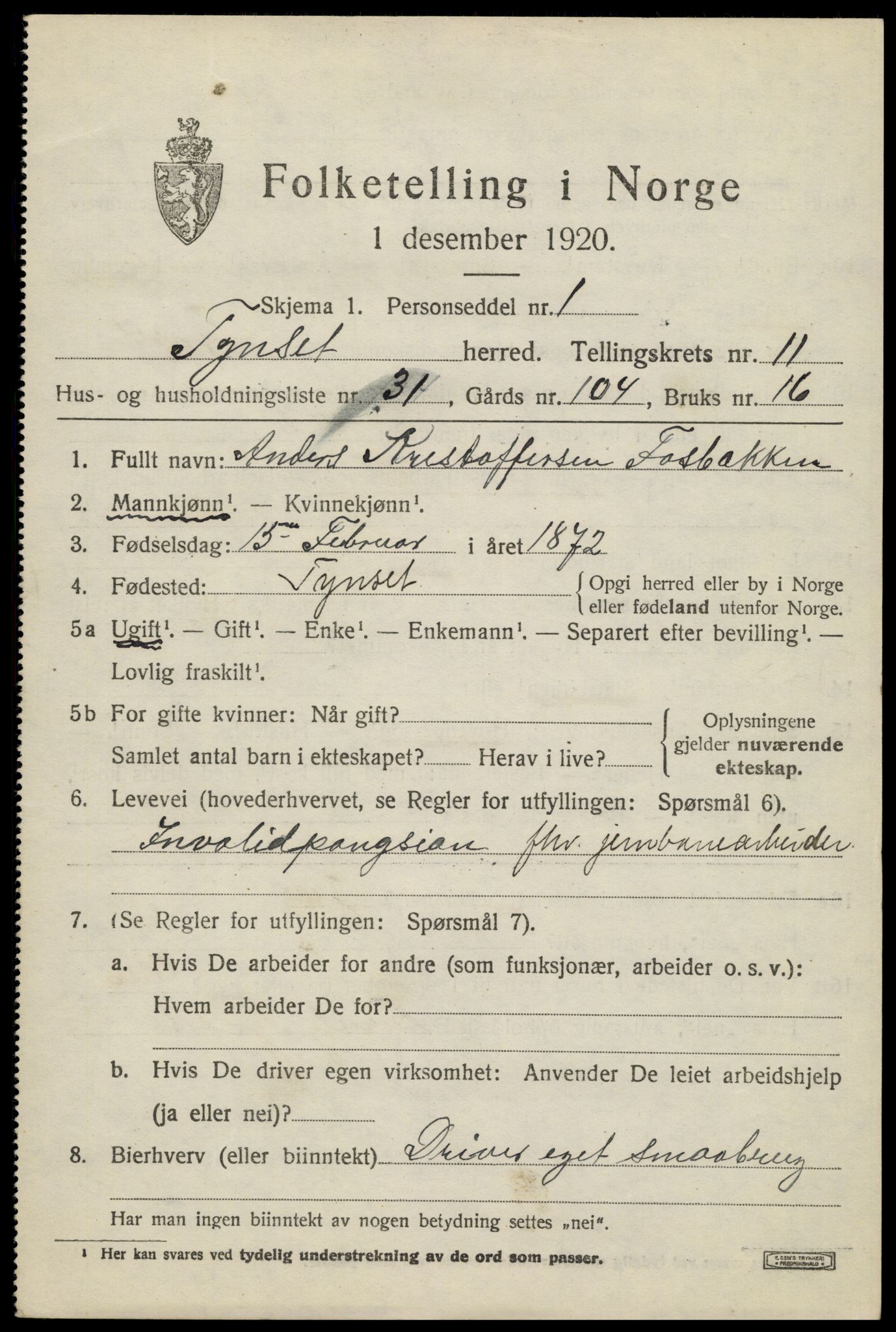 SAH, 1920 census for Tynset, 1920, p. 8302