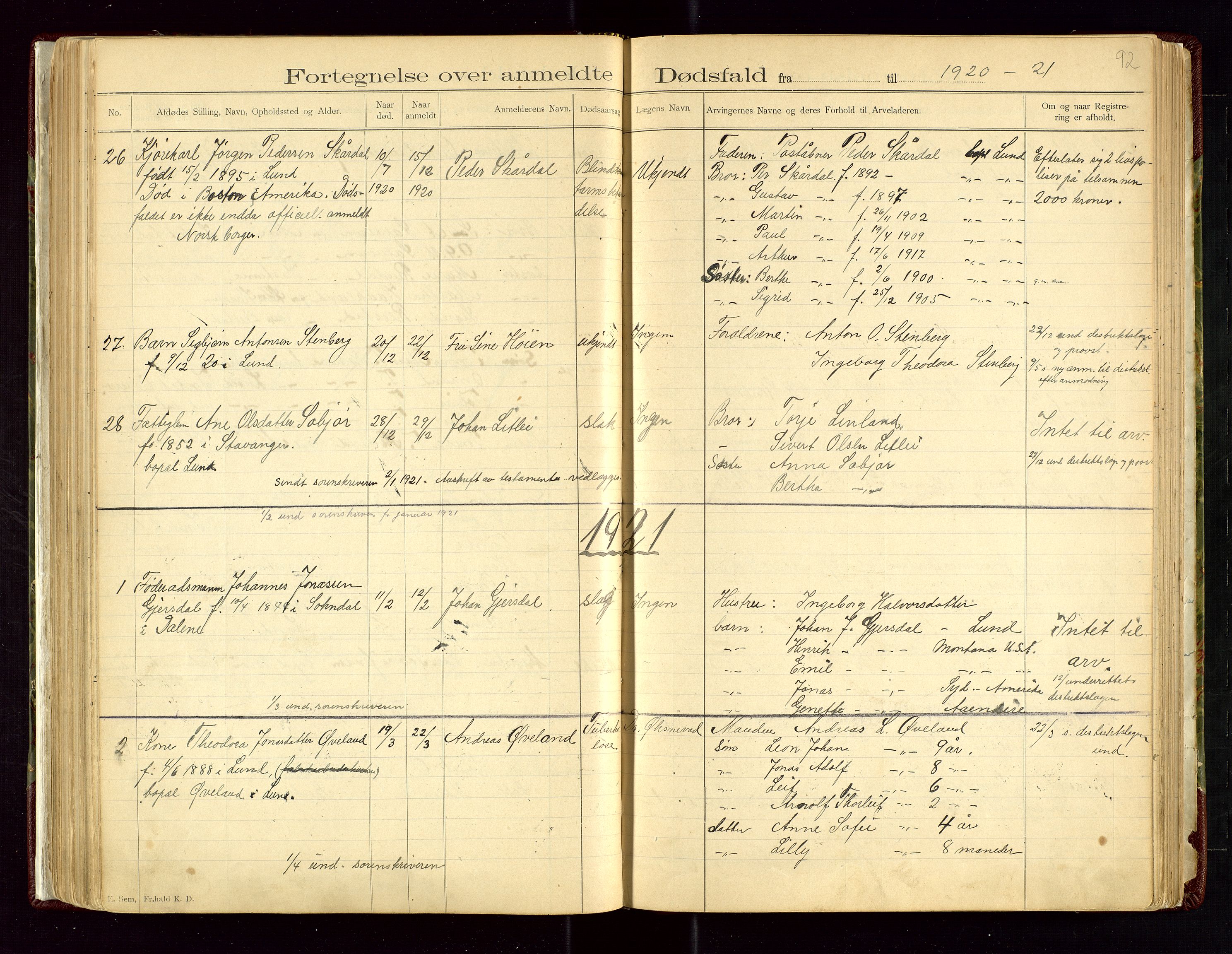 Lund lensmannskontor, SAST/A-100303/Gga/L0001: Dødsfallprotokoll, 1882-1942, p. 92