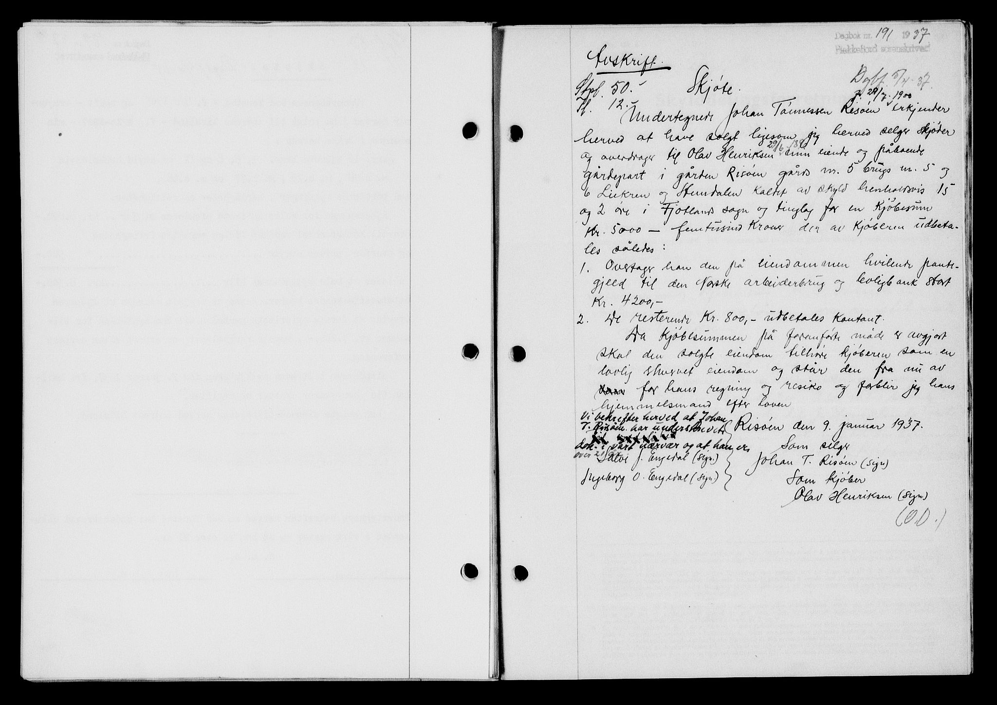 Flekkefjord sorenskriveri, SAK/1221-0001/G/Gb/Gba/L0053: Mortgage book no. A-1, 1936-1937, Diary no: : 191/1937