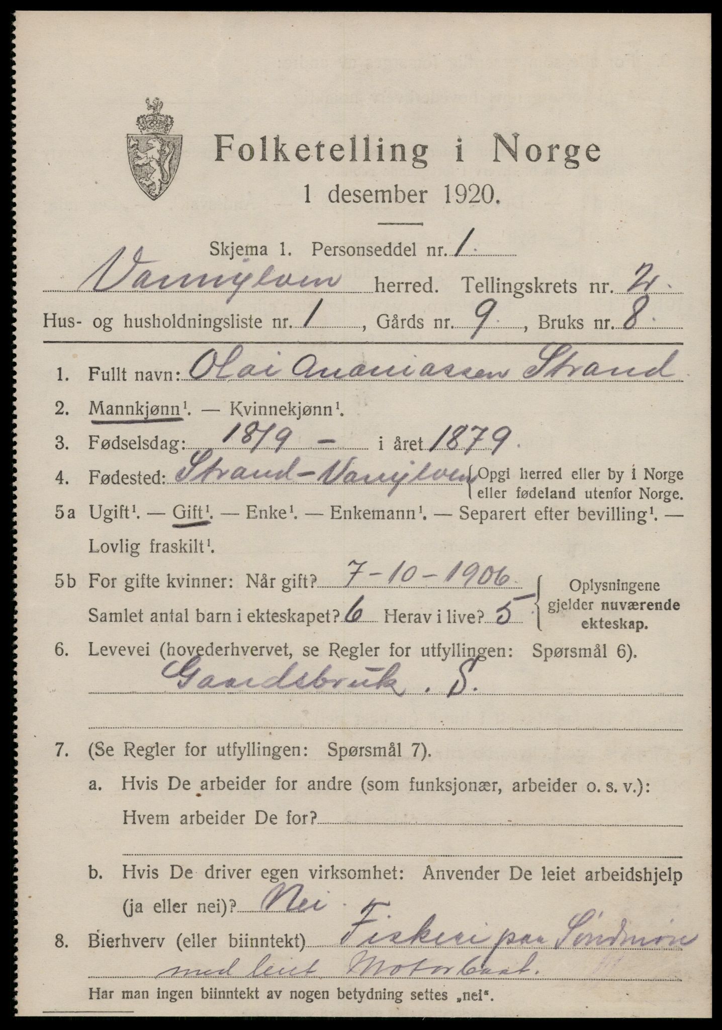 SAT, 1920 census for Vanylven, 1920, p. 1013