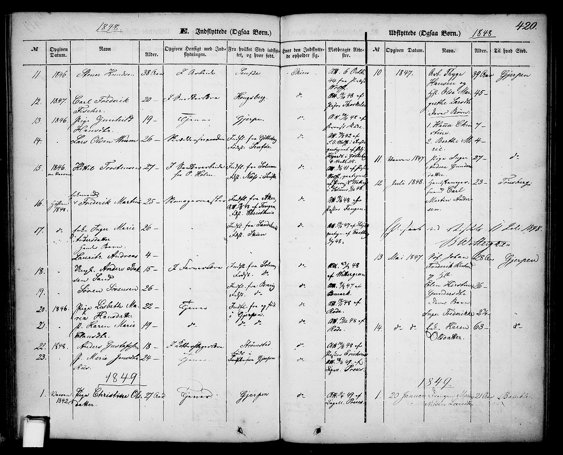 Skien kirkebøker, AV/SAKO-A-302/G/Ga/L0004: Parish register (copy) no. 4, 1843-1867, p. 420