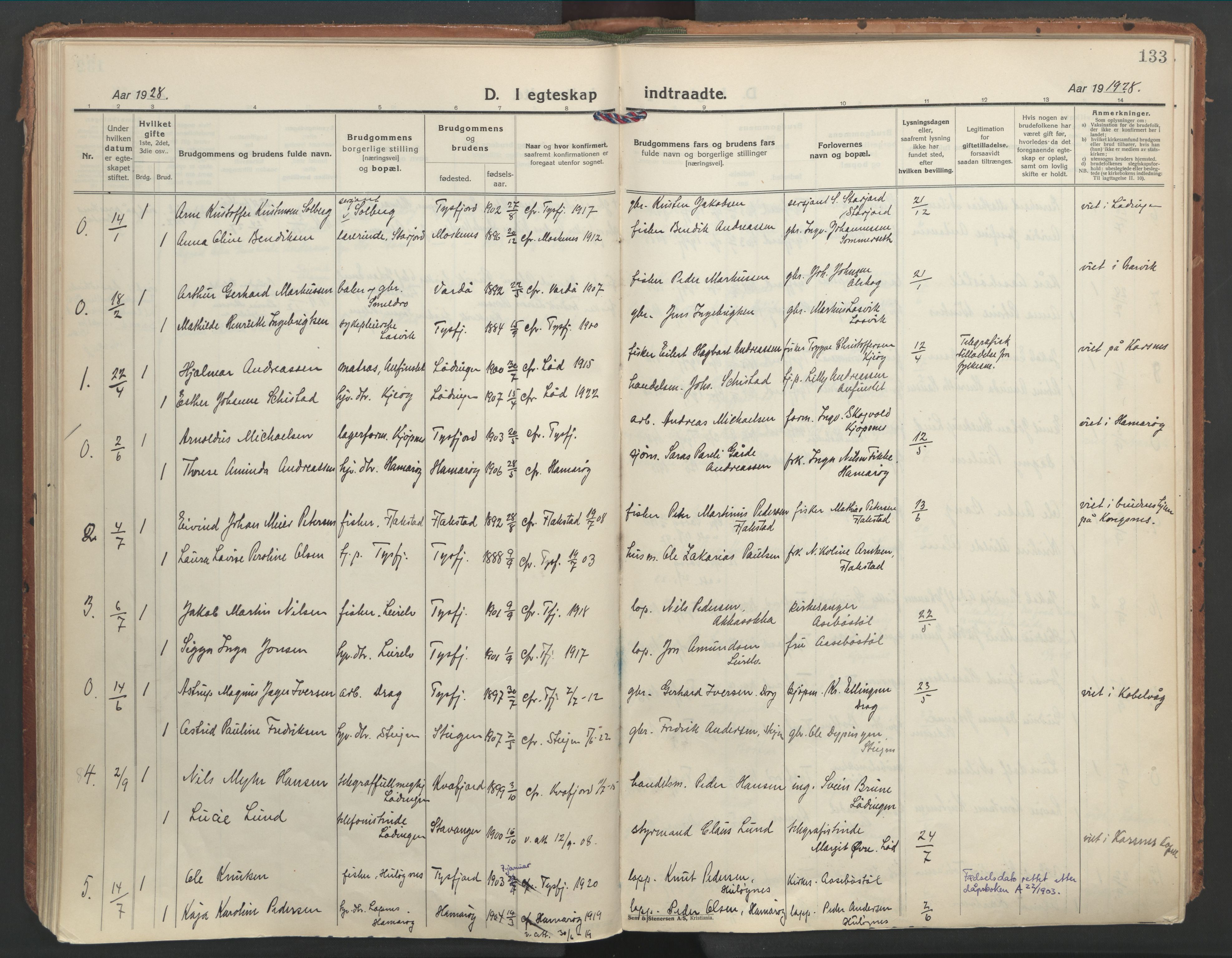 Ministerialprotokoller, klokkerbøker og fødselsregistre - Nordland, AV/SAT-A-1459/861/L0873: Parish register (official) no. 861A08, 1923-1932, p. 133