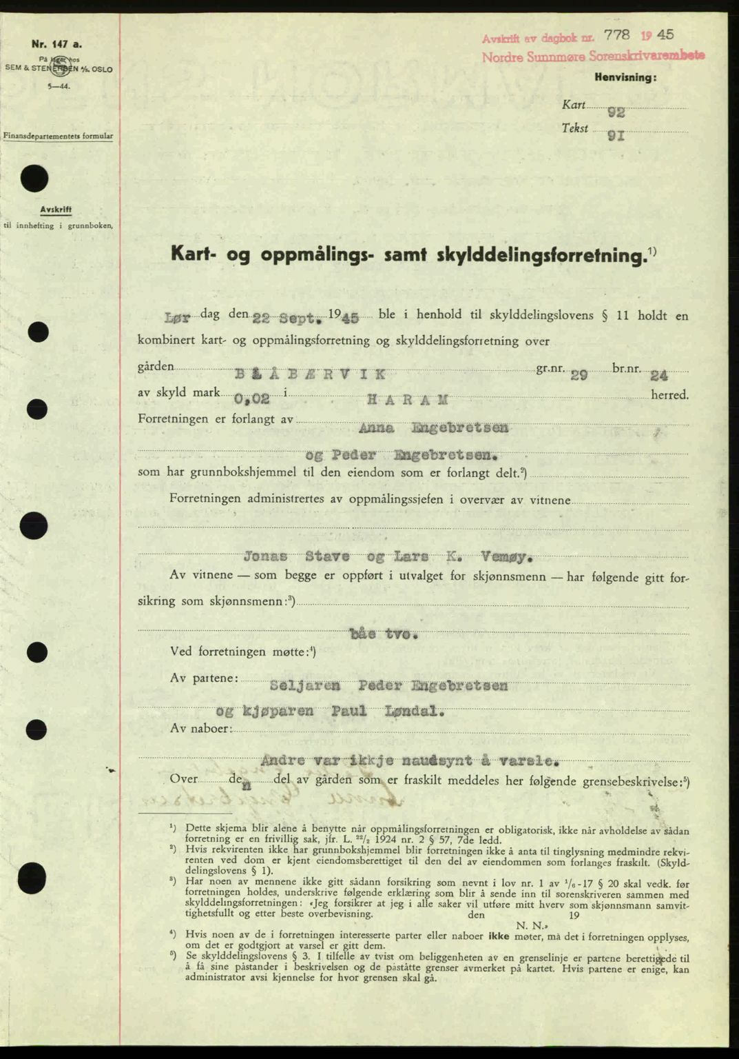 Nordre Sunnmøre sorenskriveri, AV/SAT-A-0006/1/2/2C/2Ca: Mortgage book no. A20a, 1945-1945, Diary no: : 778/1945