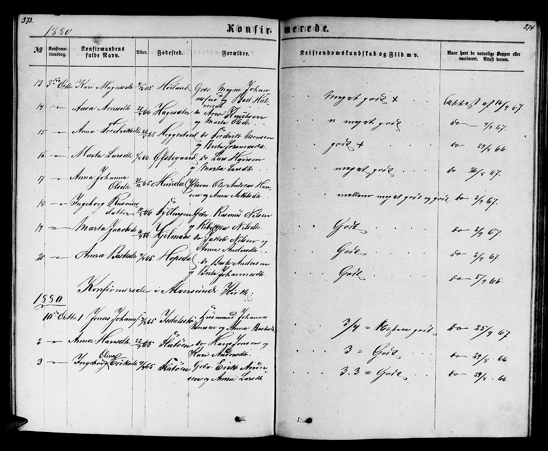 Hamre sokneprestembete, SAB/A-75501/H/Ha/Hab: Parish register (copy) no. B 2, 1863-1880, p. 373-374
