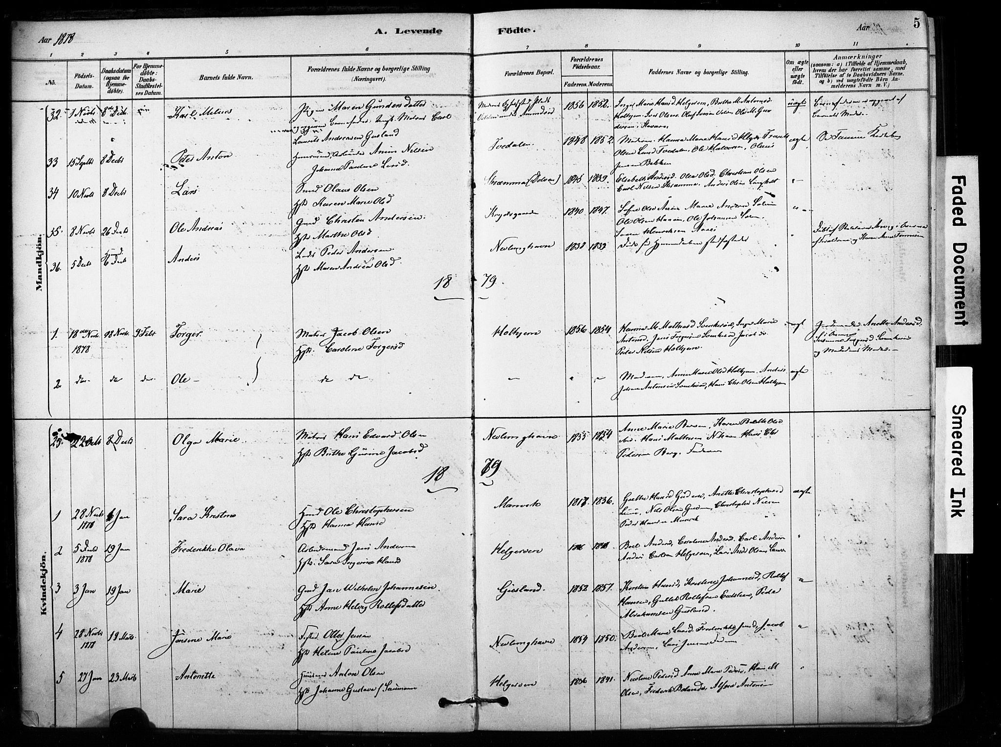 Brunlanes kirkebøker, AV/SAKO-A-342/F/Fb/L0001: Parish register (official) no. II 1, 1878-1899, p. 5