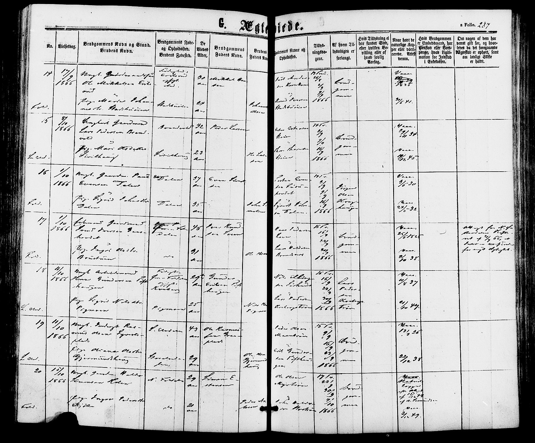 Alvdal prestekontor, AV/SAH-PREST-060/H/Ha/Haa/L0001: Parish register (official) no. 1, 1863-1882, p. 287