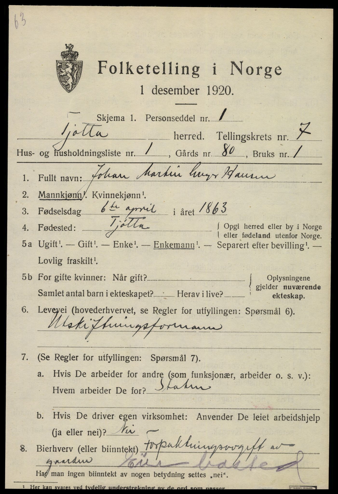 SAT, 1920 census for Tjøtta, 1920, p. 2849